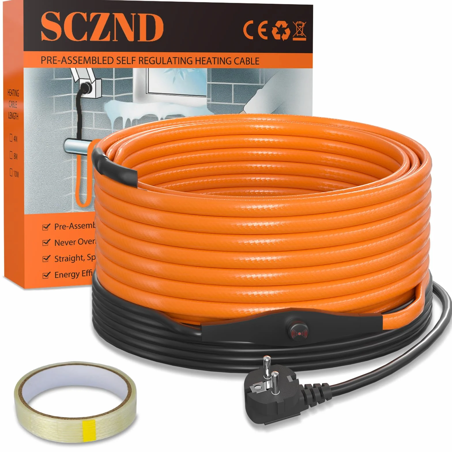 Cavo Riscaldante con Termostato, 8m Cavo Riscaldante 25 W/m Autorregolante Serpentina Riscaldante con Termostato IPX7 Impermeabile Cavo Scaldante per Tubazioni Piante Grondaie Protezione Antigel