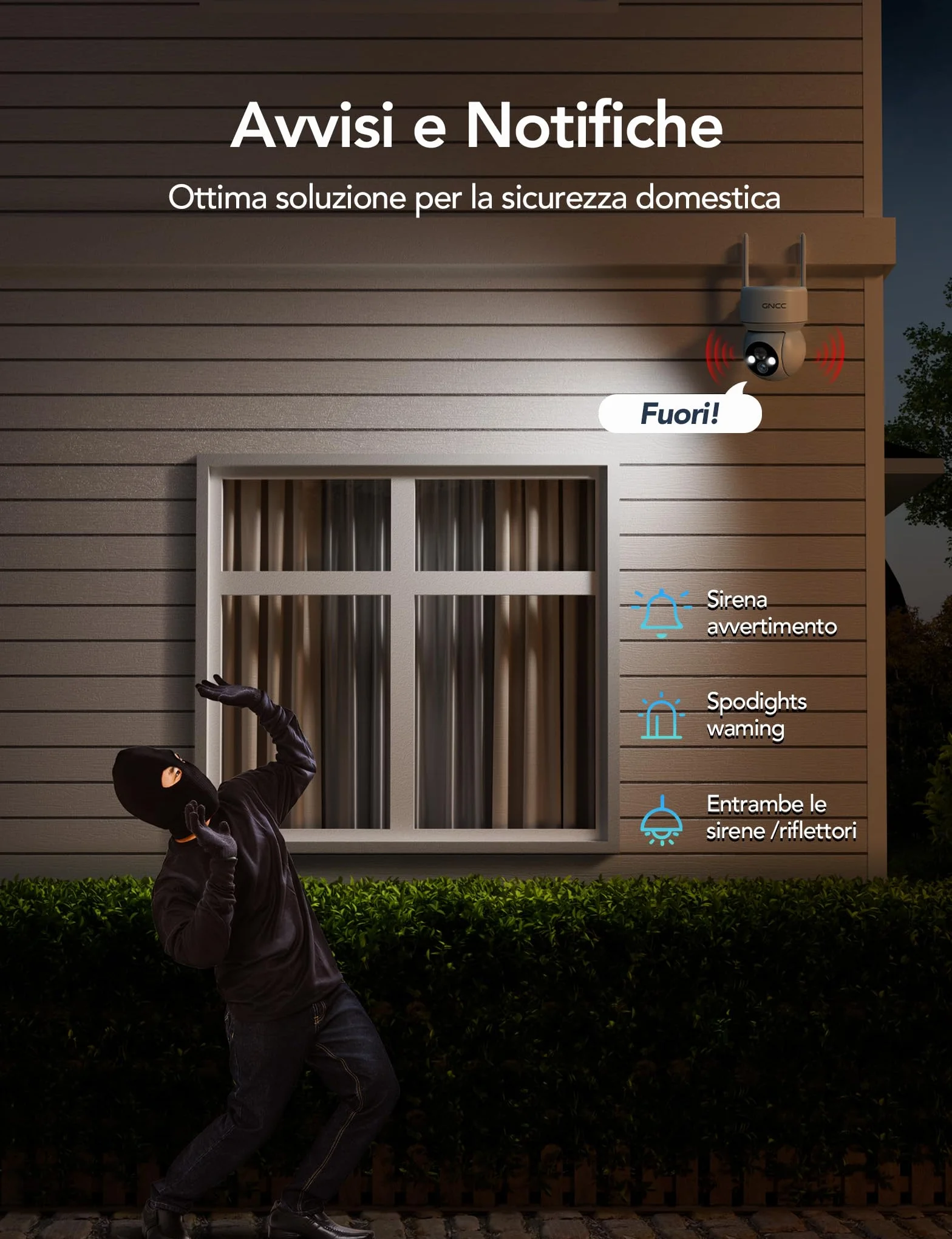 GNCC Telecamera WiFi Esterno Senza Fili con Pannello Solare, 2MP Videocamera Sorveglianza Esterno a Batteria 5200mAh, Rilevamento PIR/Umano, 360° PTZ, Visione Notturna a Colori, Audio Bidirezionale