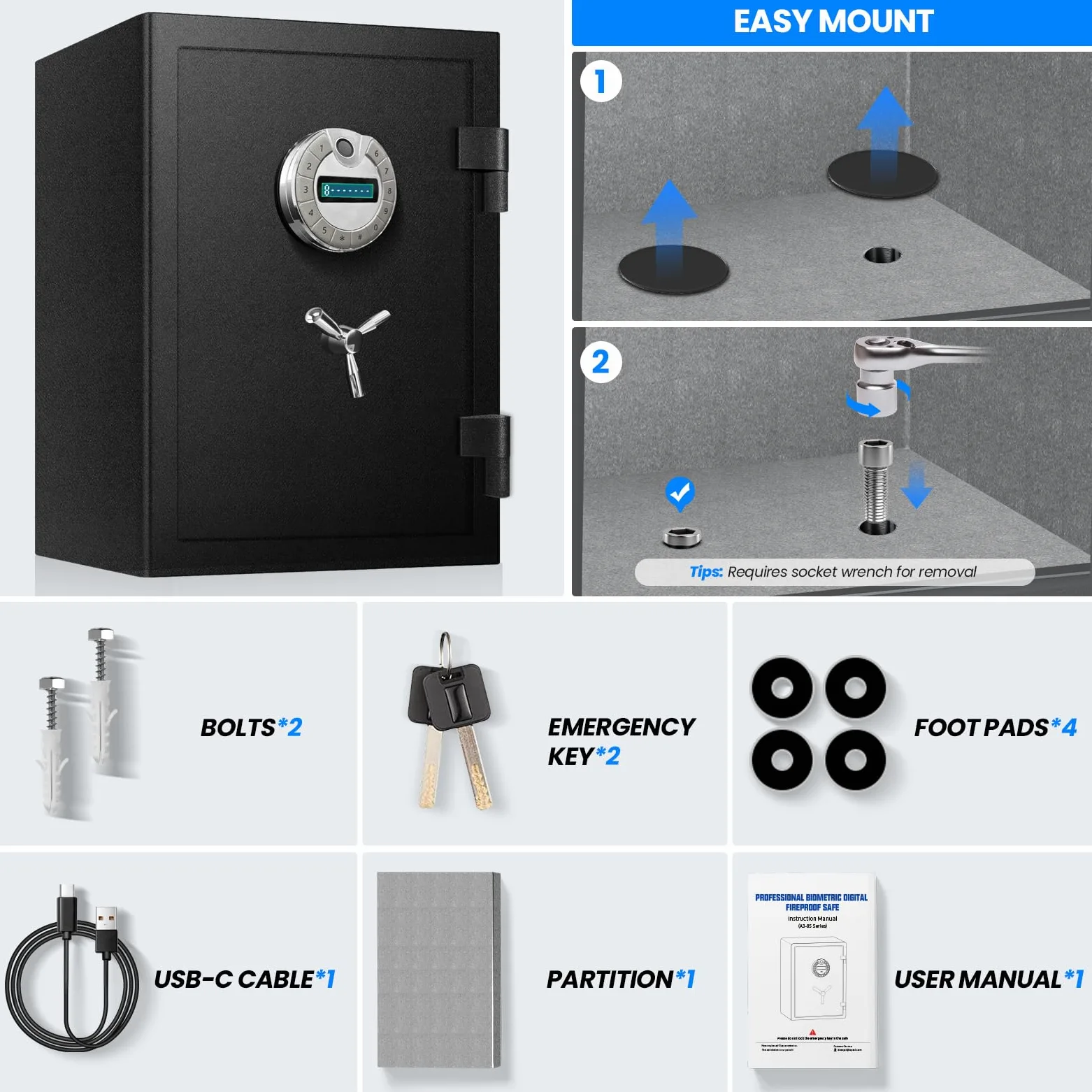 Cassaforte ignifuga CuFt 6.0 con accesso biometrico - Corpo in acciaio rinforzato (oltre 40,8 kg), doppi ripiani regolabili, display LCD e guarnizione antincendio termosaldata per la sicurezza