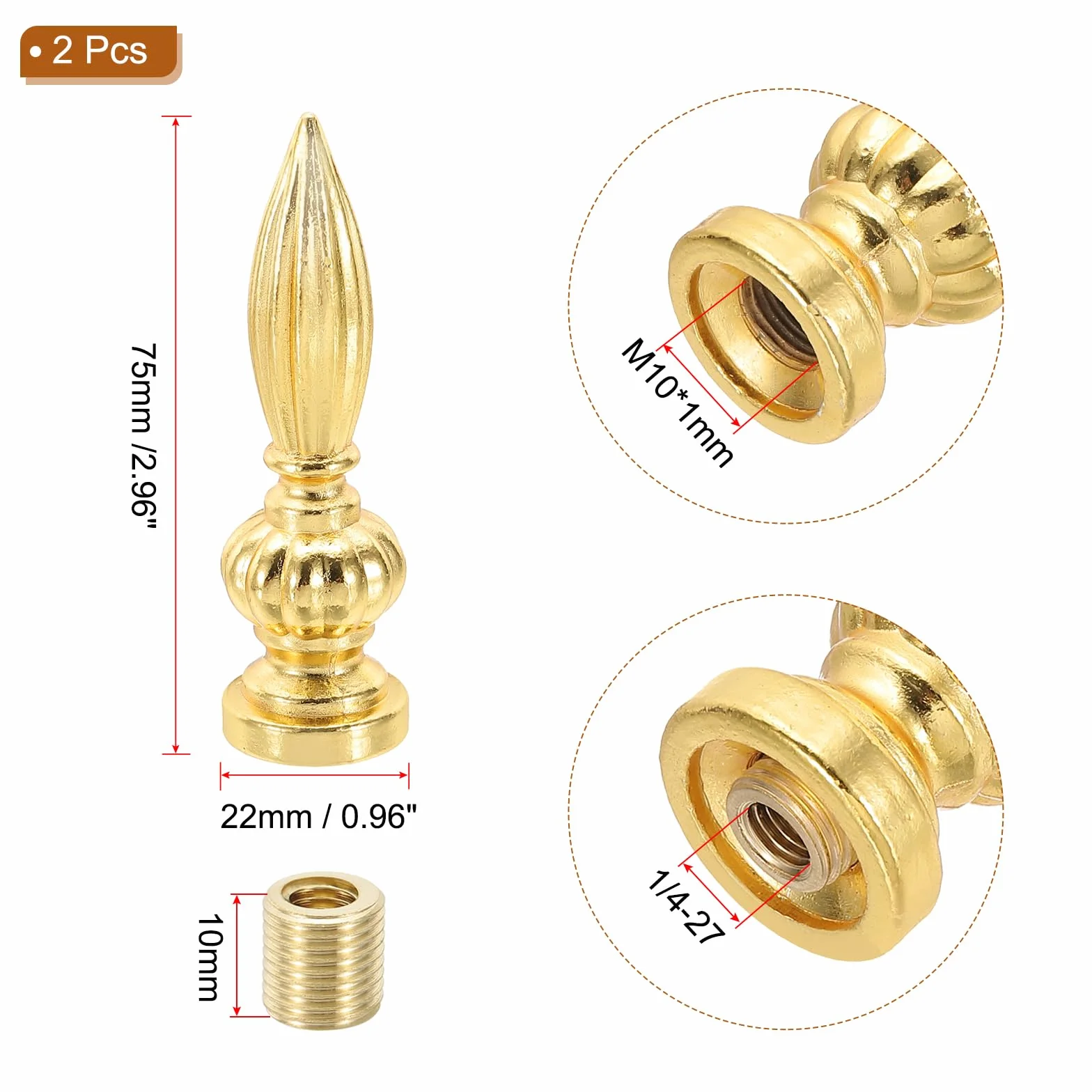 PATIKIL Pomello Per Paralume 25x80mm M10x1mm Lega Solida Decorazione Lampada Tonalità Oro 2 Pcs