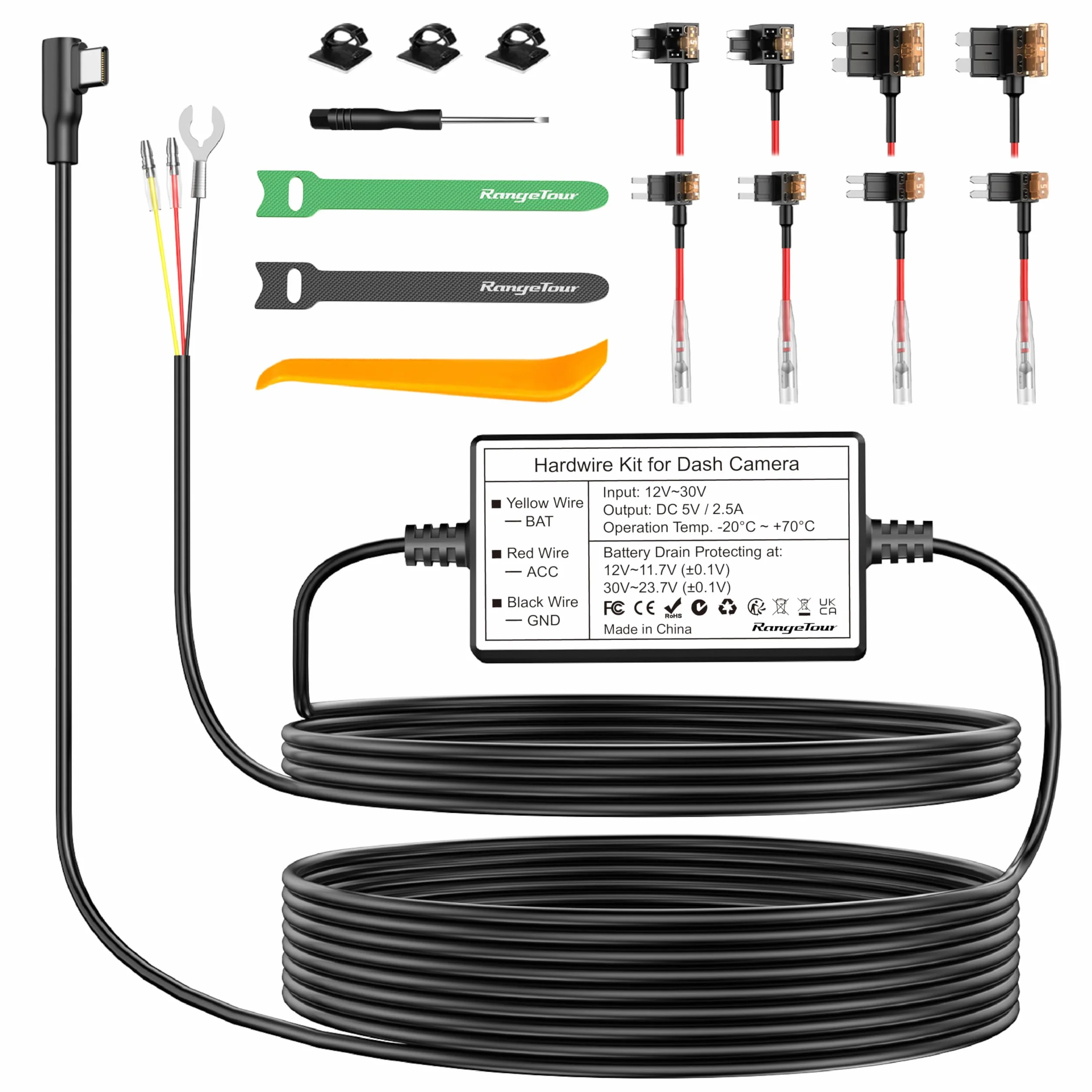 Kit Cablaggio USB-C, Dash Cam Hardwire Kit con 4 Tipi/8 Fusibili Adattatori, Cavo Tap e Strumento di Installazione 4m/13.12ft 12V/24V a 5V/2.5A Auto Cavo di Ricarica Kit