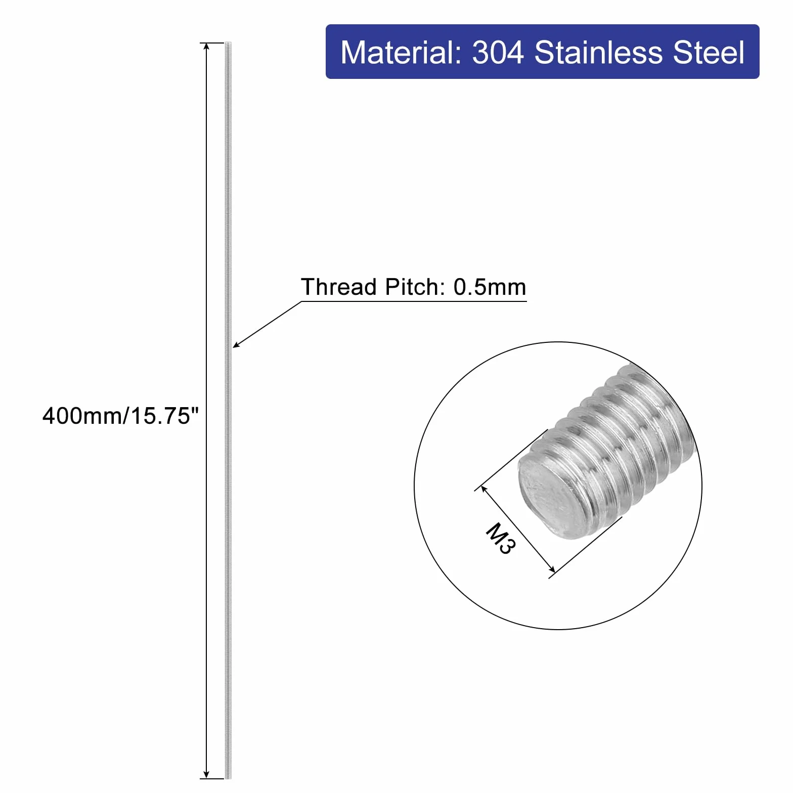 QUARKZMAN 6pz Asta Filettata Intera M3 x 400mm Acciaio Inossidabile 304 Borchie Barra Filettatura Destra M3-0.5 Filo di Pece per Assemblaggio Mobili Macchinari