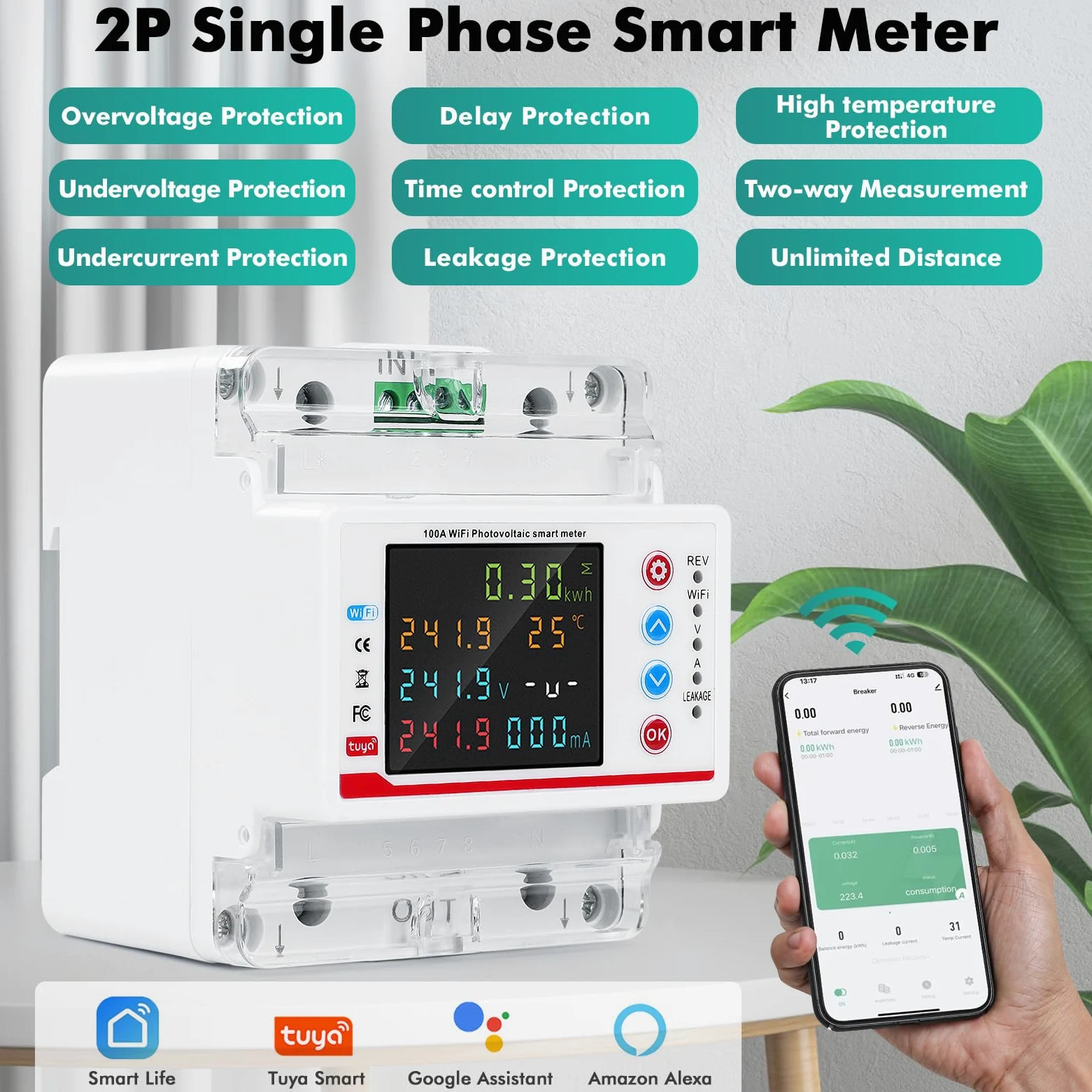 WiFi Contatore Energia Elettrica Monofase, Tuya Smart Misuratore di Consumo Elettrico AC 80-300V 100A Multifunzione Wattmetro Voltmetro Amperometro con Protezione Multipla, Controllo del Tempo