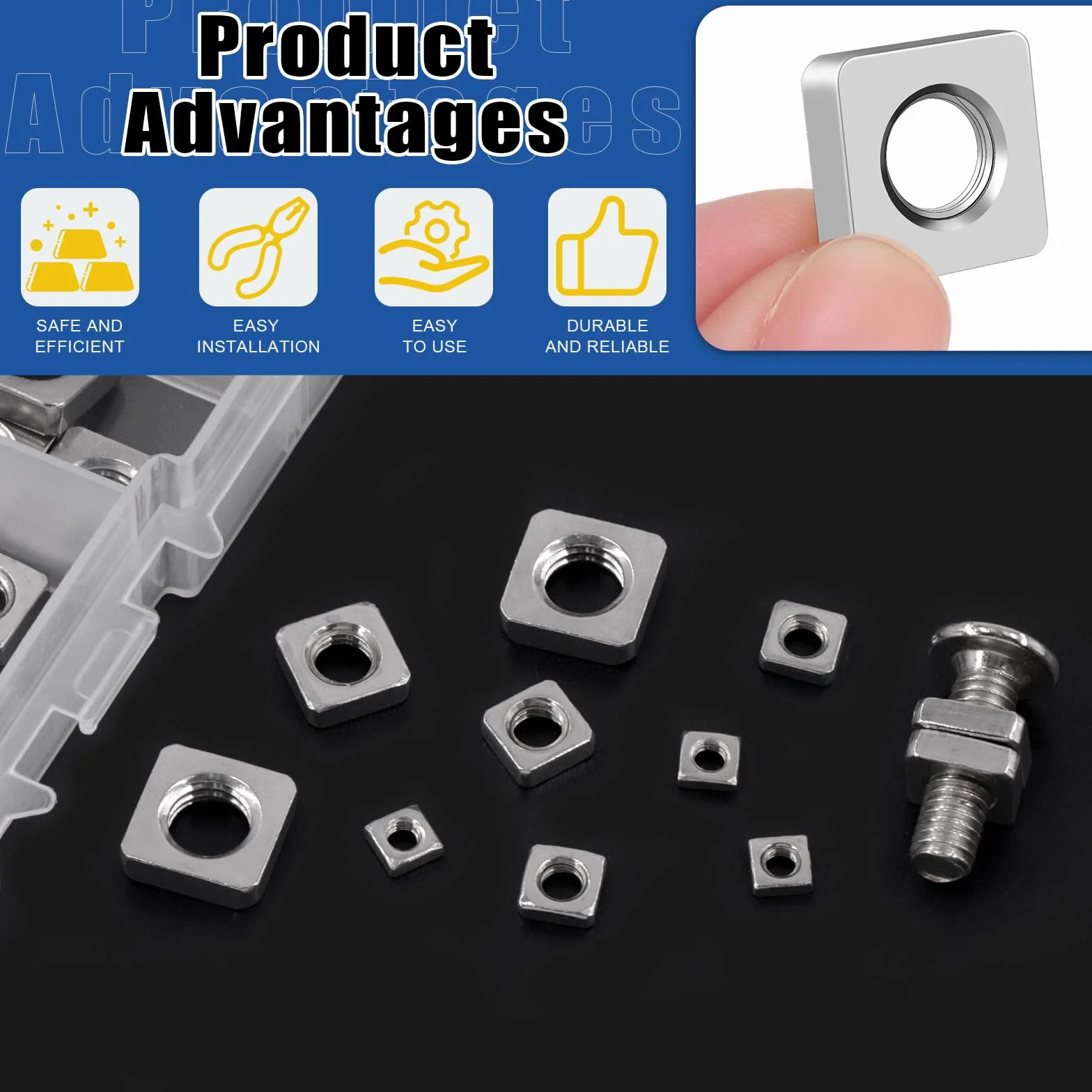 Set di 90 dadi quadrati in acciaio al carbonio e inox M3 M4 M5 M6 M8 kit assortimento