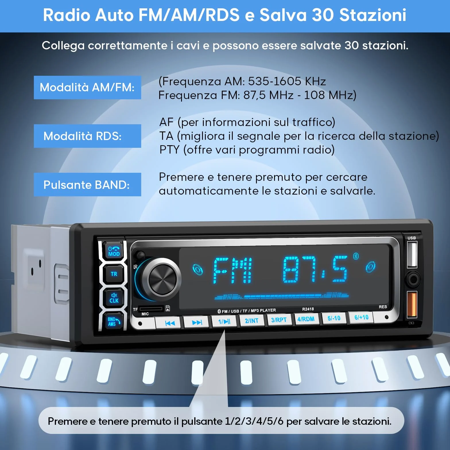 RDS Autoradio Bluetooth 5.0 Vivavoce, Wistrue Stereo Auto Bluetooth FM/AM Autoradio1 Din per Auto, Supporto Vivavoce 2USB/AUX/SD/TF/iOS Android