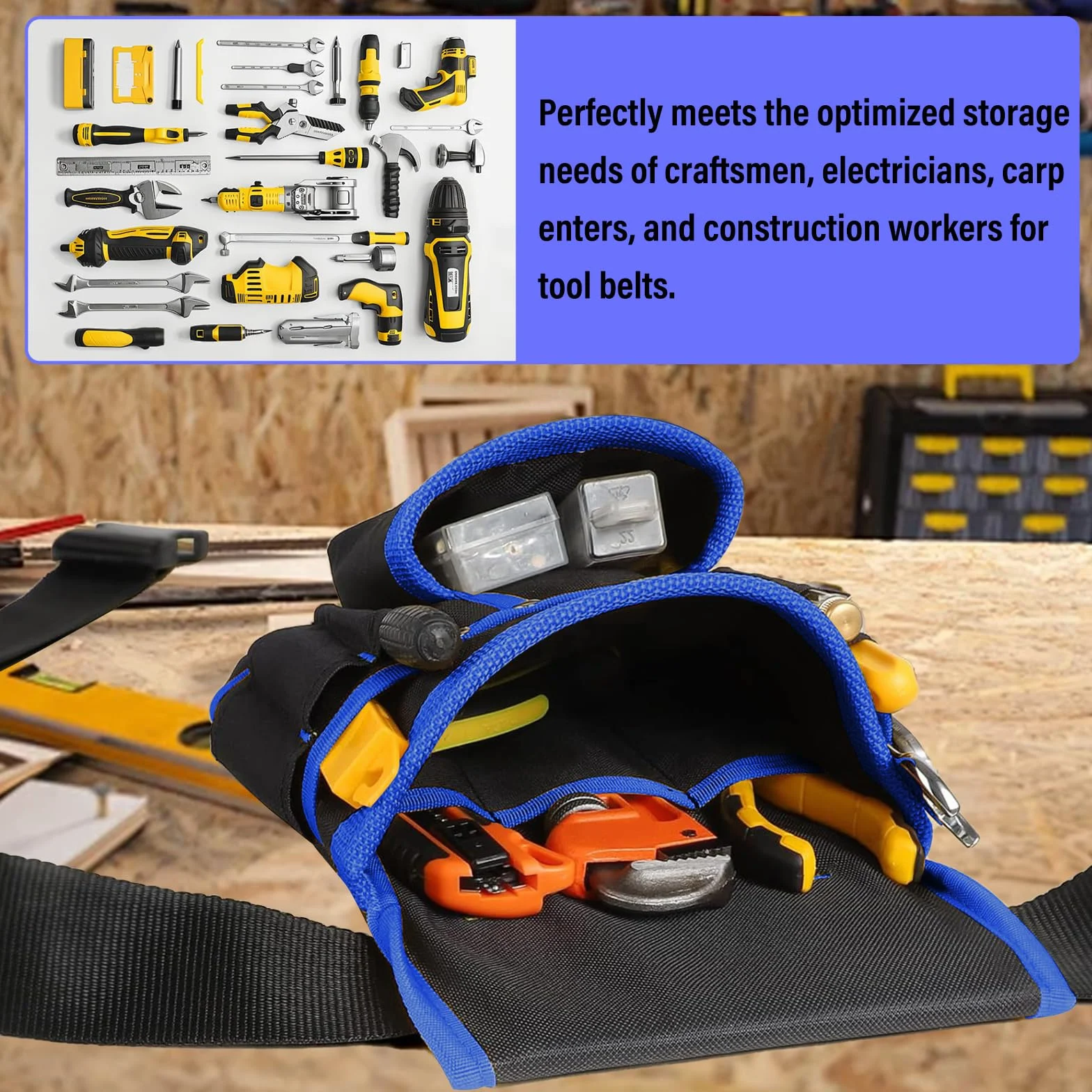POPOPIE Cintura Porta Attrezzi,Regolabili Staccabili Cintura Elettricista,Cinturà per Attrezzi da Lavoro con 26 Tasche,per Elettricista Falegname Edilizia Manutenzione,Nero-Blu