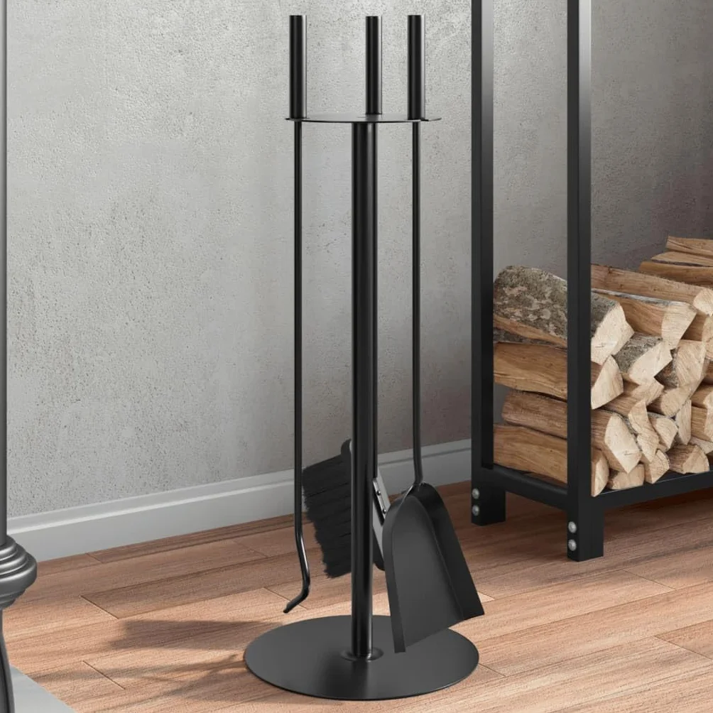 Gecheer Set di Attrezzi per Camino, 4 Pezzi con Supporto portaoggetti 22x59 cm in Acciaio Nero, Scopa Pala Gancio per Camino Domestico