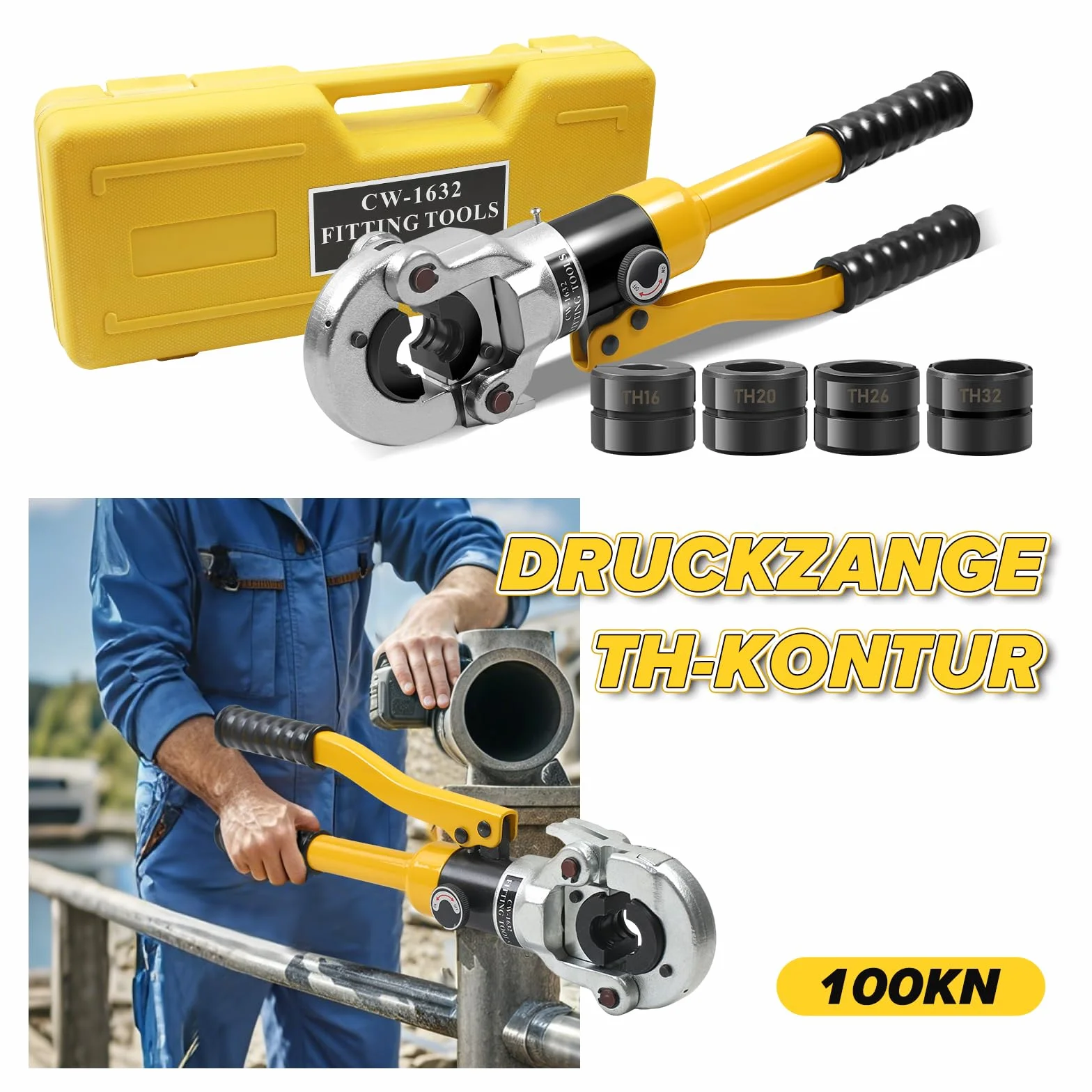 Pinza a pressa idraulica 16-32 mm tipo TH 10 T testa girevole 360° per tubi PEX PB rame
