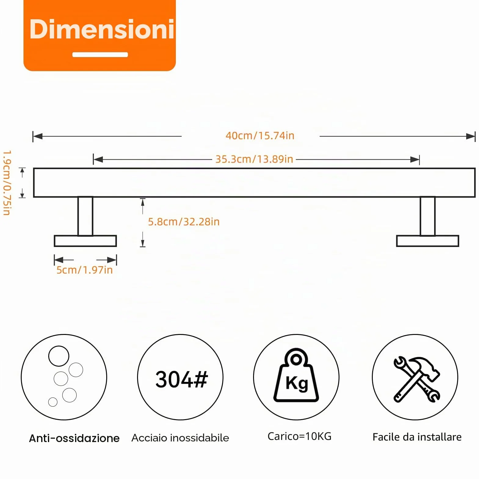 YUET Porta Asciugamani Bagno 40CM Acciaio Inossidabile SUS304 RUSTPROOF Spazzolata 16''