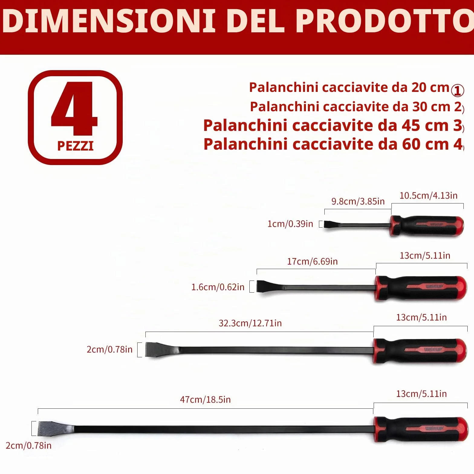 WISEUP Set di 4 leve piede di porco 20,3-61 cm resistente cappucci impatto spessi demolizione strumenti manuali meccanici