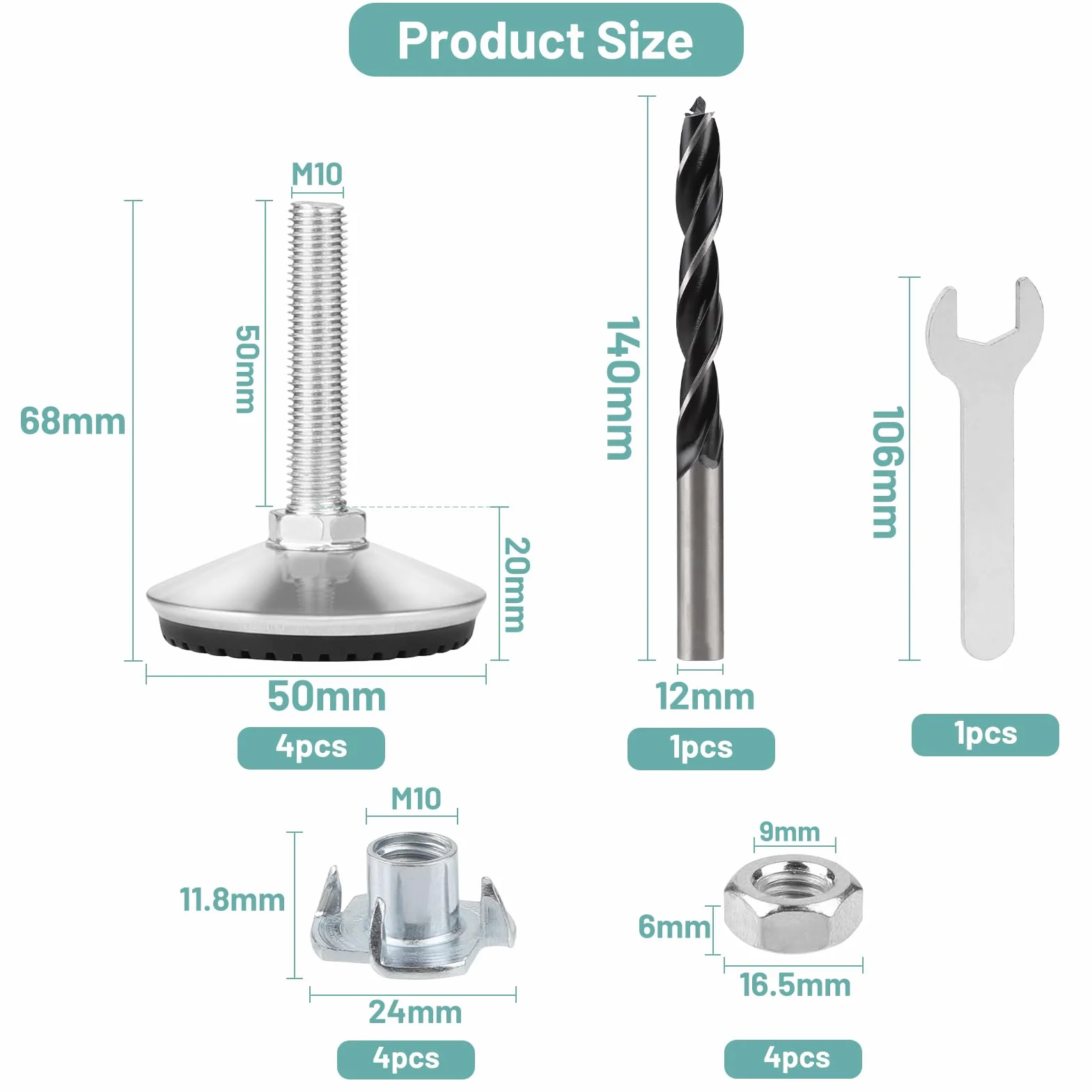 Lalago 4 Regulowane Nóżki do Mebli, Metalowe Nóżki do Stołu M10×50 mm