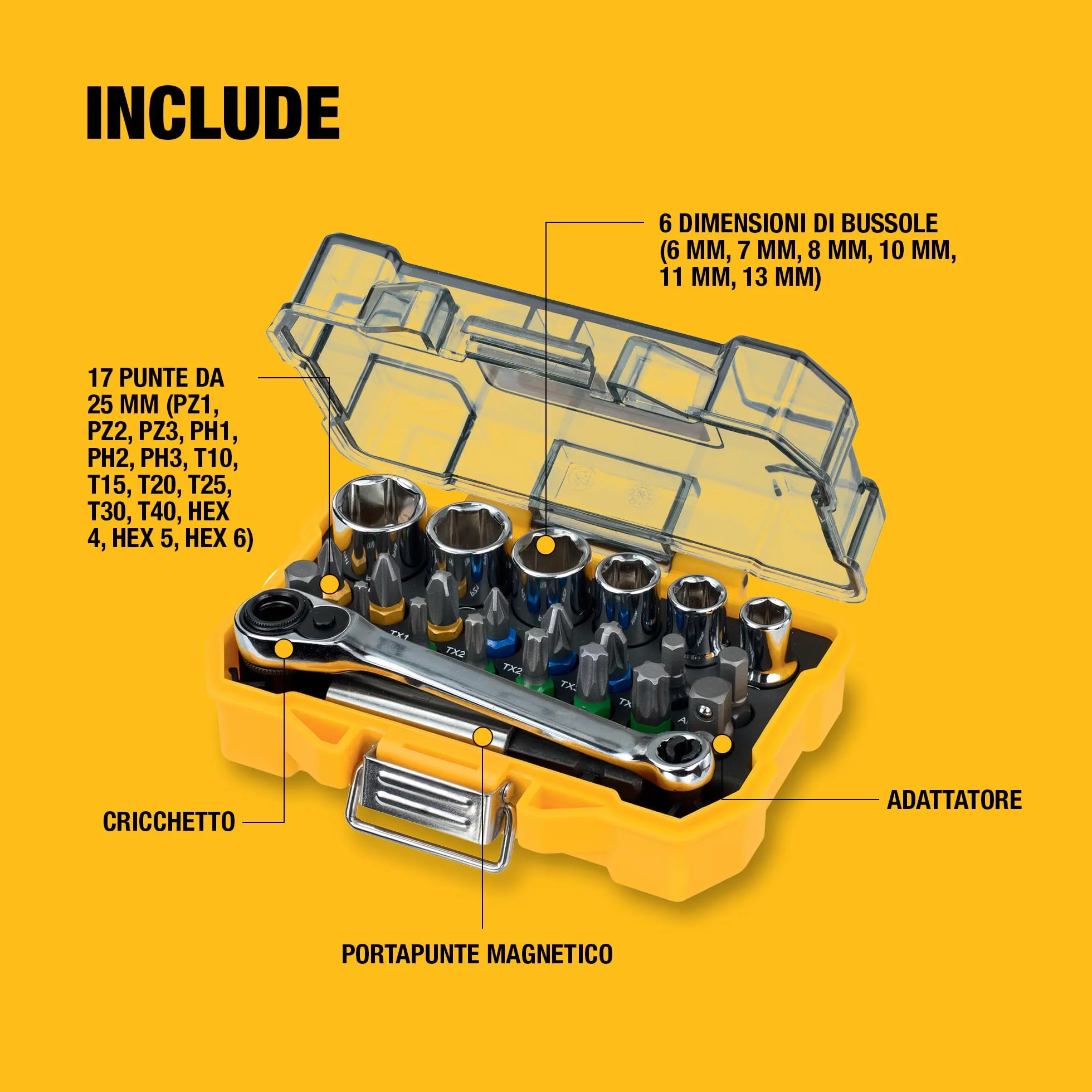 DEWALT Set di chiavi a bussola e cacciaviti extra piccoli da 25 mm (24 pezzi), DT71516-QZ