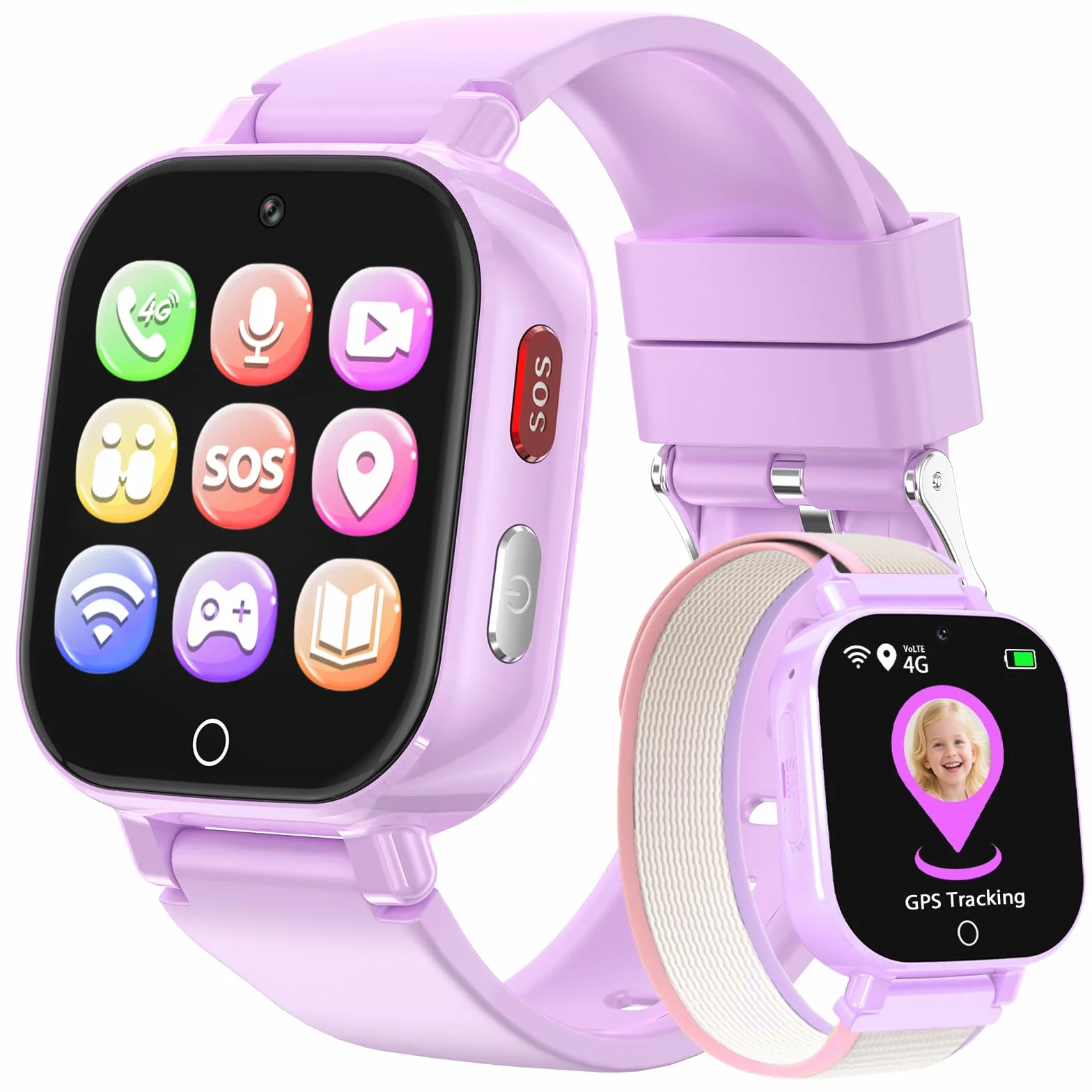 Smartwatch Bambini 4G con Videochiamata, GPS, SOS, Chat Vocale, IP68 Impermeabile, Modalità Classe, Contapassi, Sveglia, Camera, Orologio Smartwatch Regalo per Bambino e Bambina 4-12 Anni (Lila-8A)