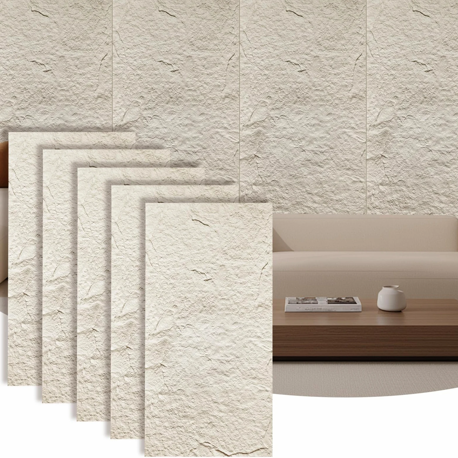 Confezione da 5 pannelli da parete 3D in finta pietra, pannelli in PU con texture in cemento per pareti interne, impermeabili e leggeri, copre 120 x 60 cm, per parete TV, ufficio, soggiorno