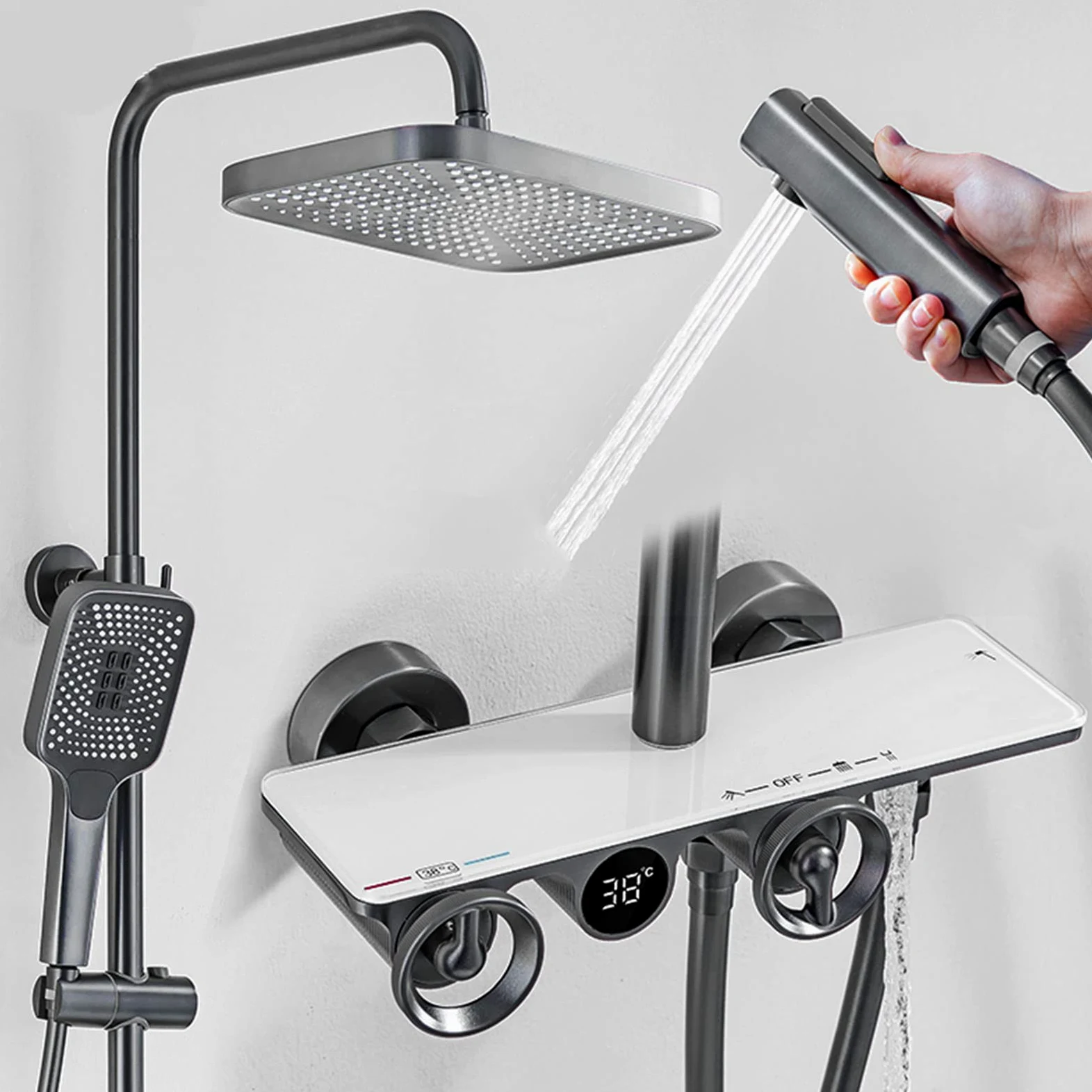 Set Rubinetto Doccia termostatico, 4 funzioni con Display Digitale, doccetta a 3 modalità, spruzzatore per Bidet, mensola per Vasca, Montaggio a Parete