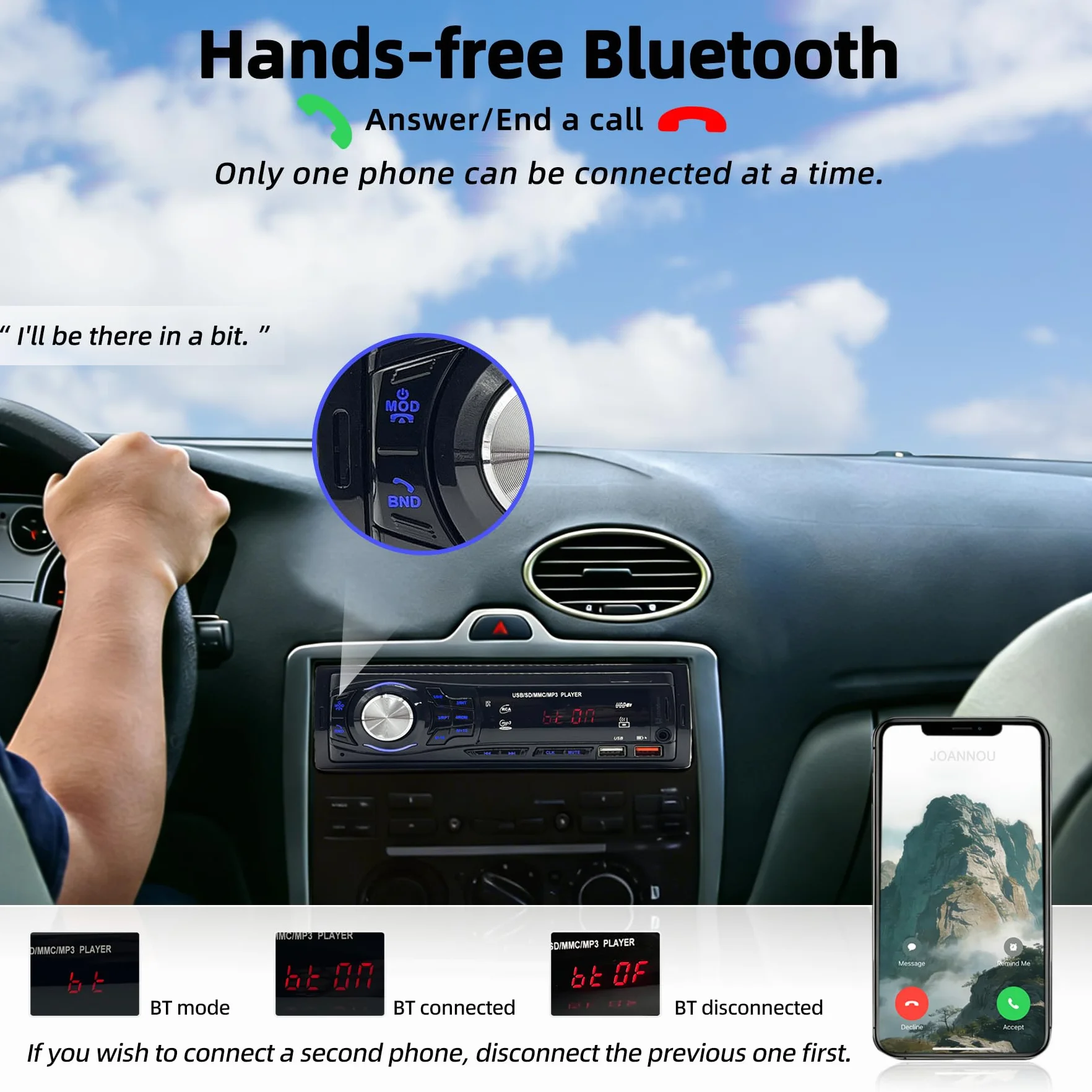 Autoradio Bluetooth 1 DIN - Stereo Auto con 2 Porte USB, Vivavoce Bluetooth, Radio FM, Supporto MP3 via USB/SD/AUX, Telecomando Incluso - Autoradio per auto 12V (nero)