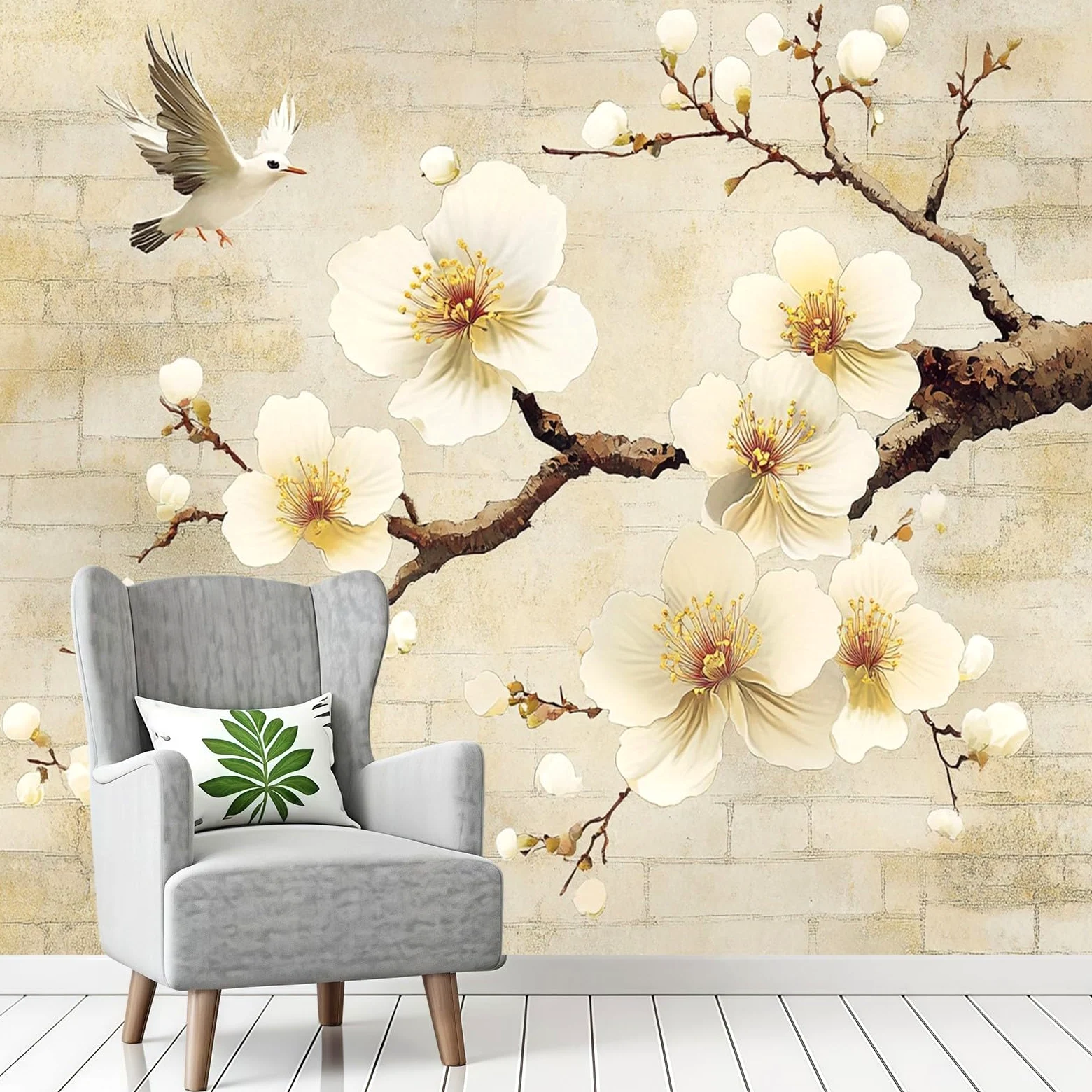 Carta da Parati Fiori astratti su muro di mattoni300 x 210 cm Fotomurale TNT Beige chiaro Decorazione Parete Moderna per Soggiorno Camera da Letto