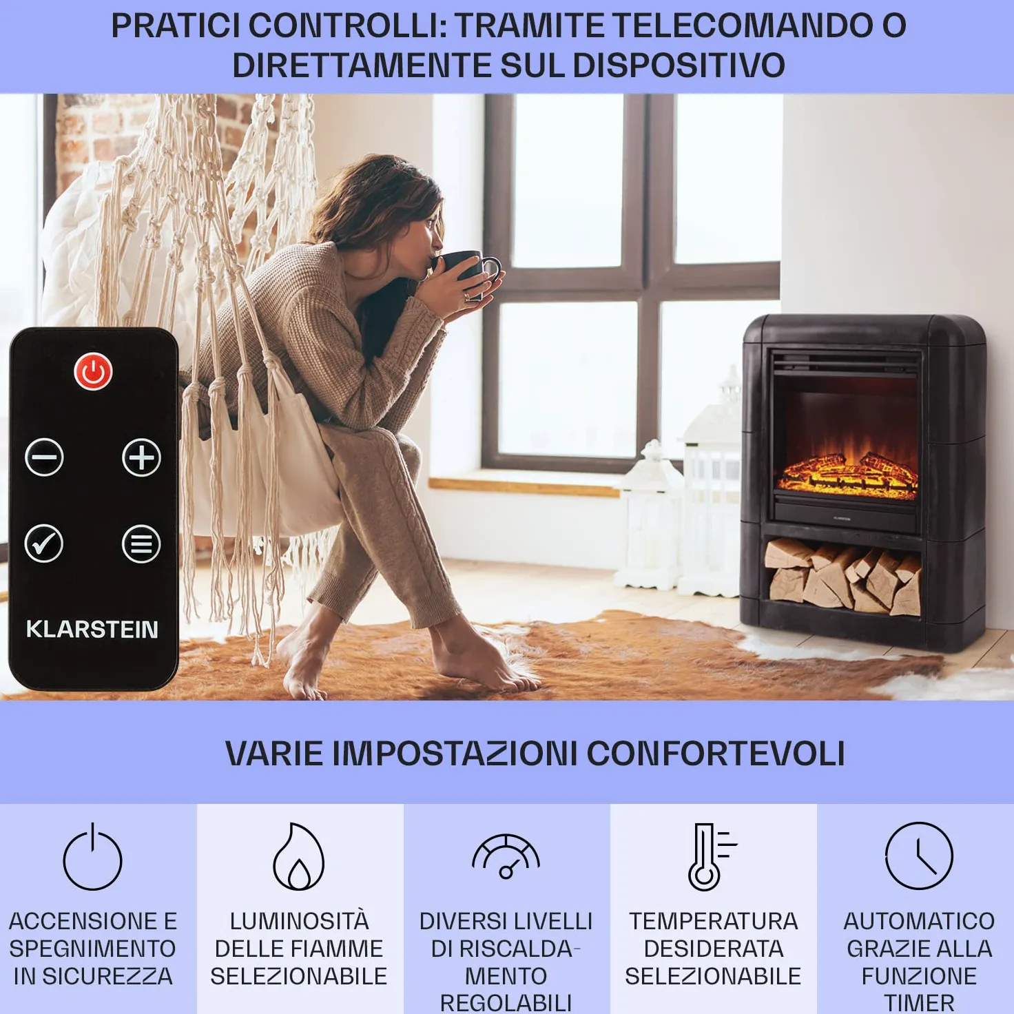 Klarstein Camino Elettrico, Camino da Terra con Mensola, Riscaldamento Elettrico con Fiamma LED, Caminetto Elettrico 1800W, Camino Finto con Telecomando, Timer, Controllo Temperatura, Termocamino