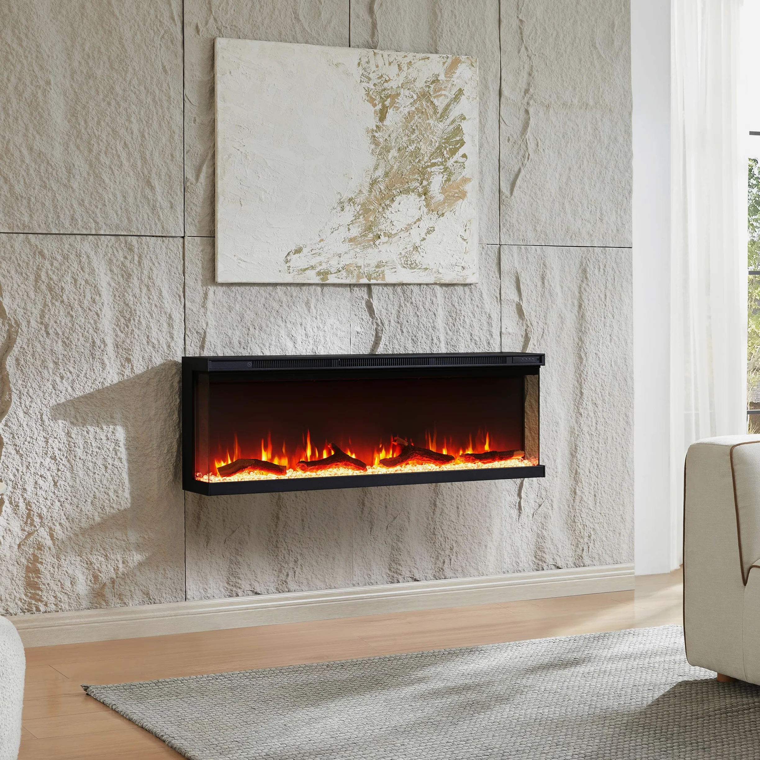 Camino elettrico BALDERIA Orson 50" | Camino elettrico da parete/incasso, effetto fiamma 3D LED, intensità variabile, riscaldamento 1800 W, timer, termostato, telecomando | nero
