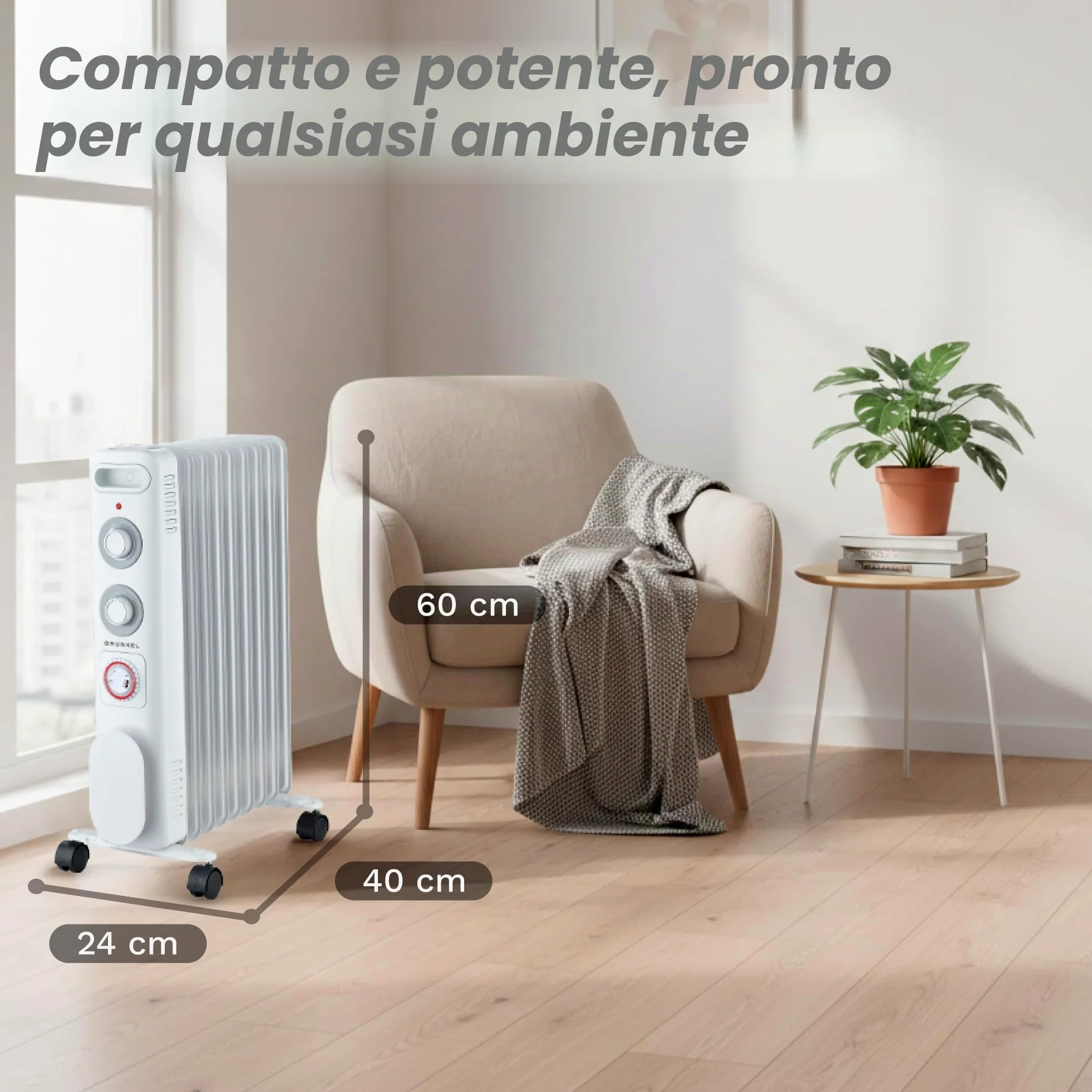 GRUNKEL RD-2000S Radiatore ad olio, 2000 W-2500 W, 9 elementi, 3 livelli di potenza, timer 24 ore, termostato regolabile, ruote multidirezionali