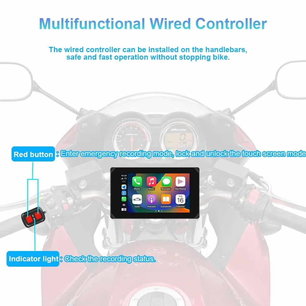 VSYSTO 5 Pollici motocicletta Carplay Touchscreen, Wireless Carplay e Android Auto,Navigazione GPS,sensori di pressione pneumatici,WiFi motocicletta Dash Camera 1080P fotocamera anteriore e posteriore