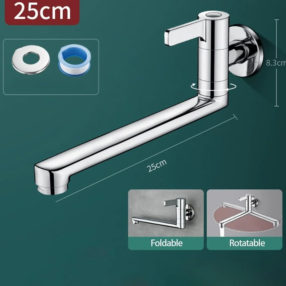 Rubinetto singolo girevole per acqua fredda, montaggio a parete, rubinetto da cucina 20 cm/25 cm, beccuccio esteso, in acciaio inox 304, per lavello, piscina, risparmio di spazio (25 cm)