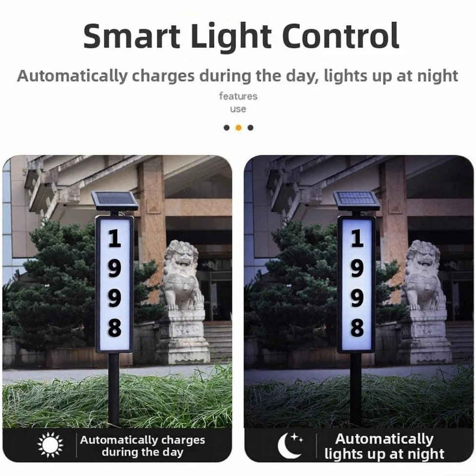 Targa solare a LED con numero civico impermeabile, altezza 102 cm, con picchetto, 3 temperature di colore, altezza regolabile, doppio pannello solare per esterni, giardino, vialetto, bianco, set di