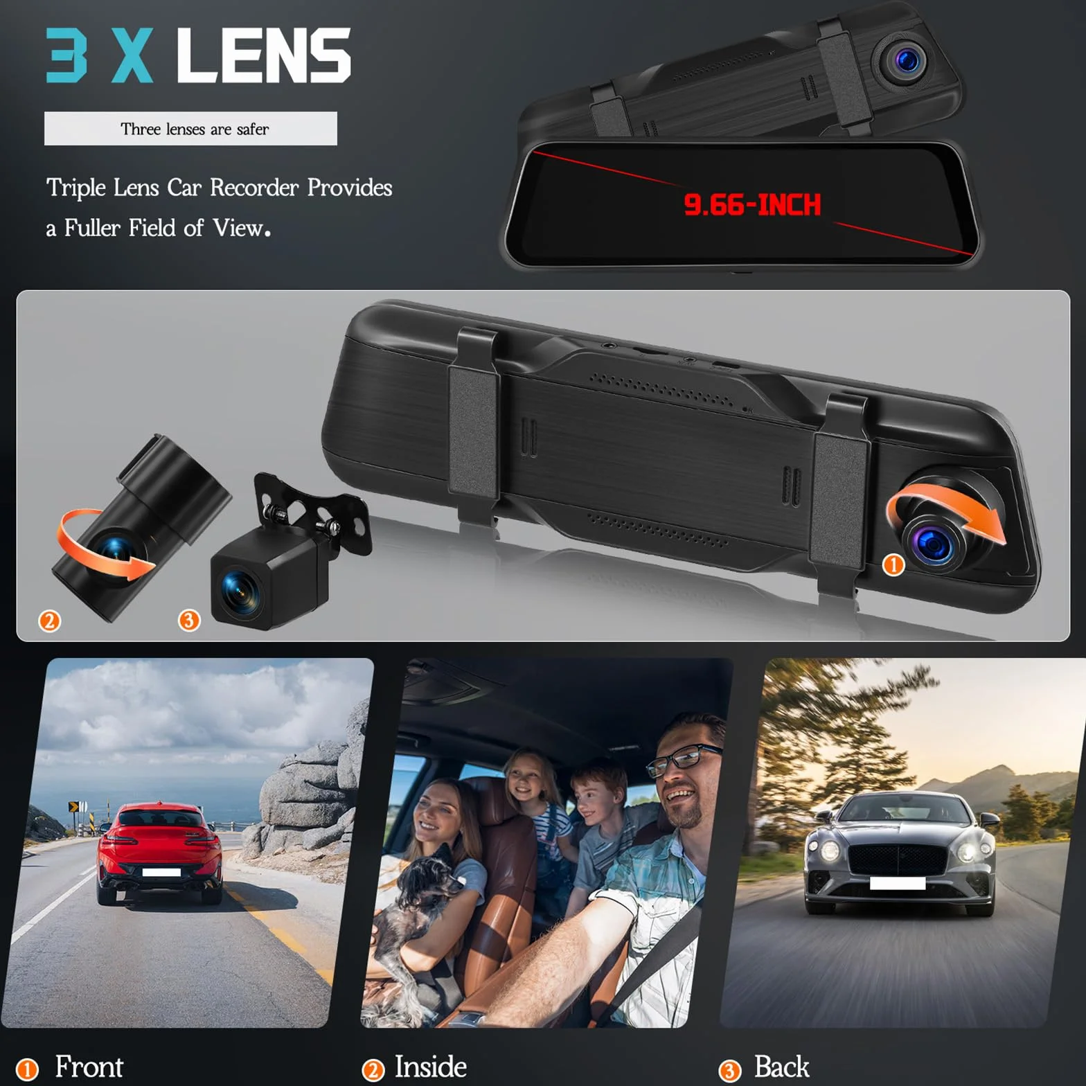 CAMECHO 9.66 Pollici 2K Mirror Dashcam Auto con 2 Telecamere 1080P, Anteriore 150° e Posteriore Dash Cam 120° con Linea inversa, Visione Notturna, Sensore G, Scheda da 64 GB WIFI APP