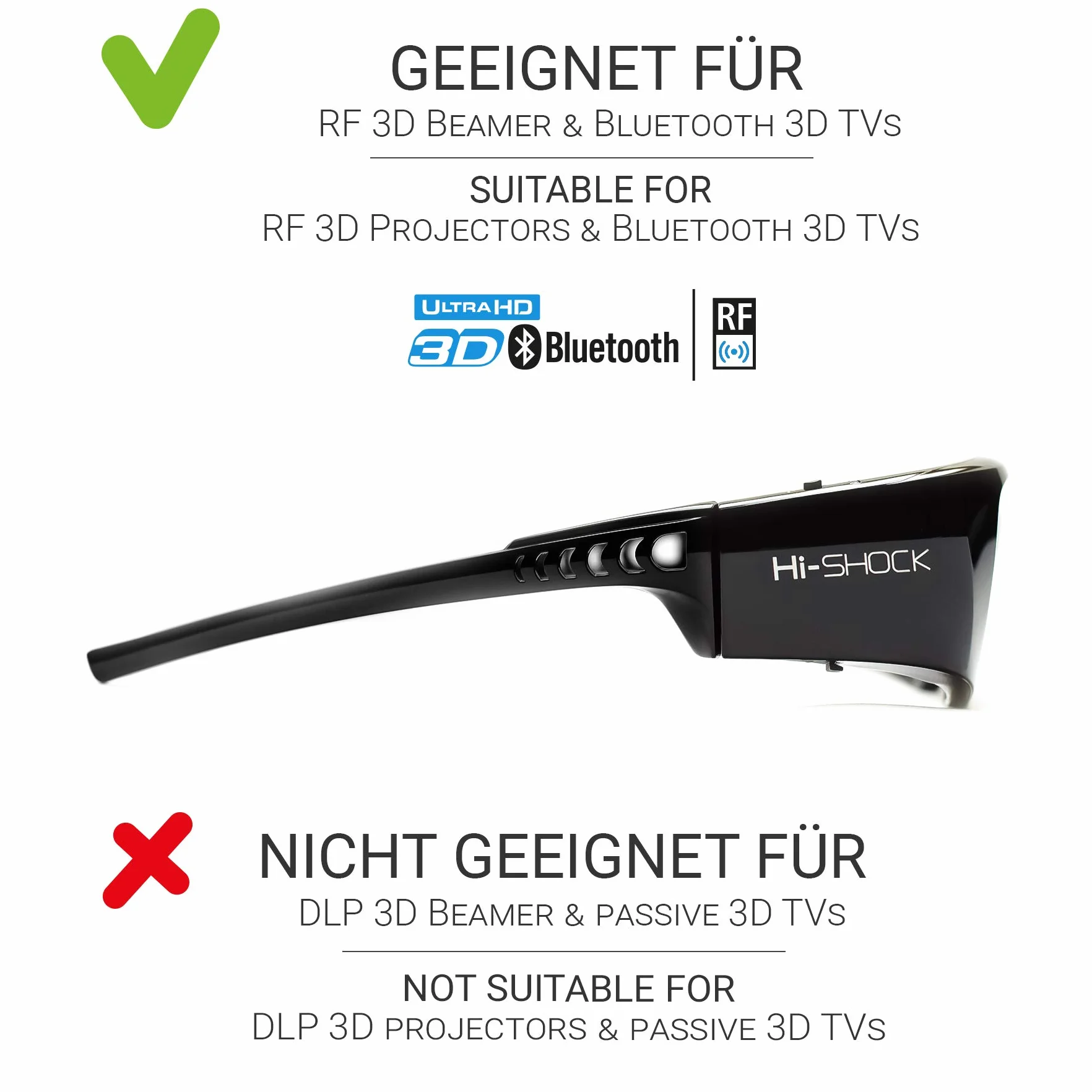 Hi-SHOCK BT/RF Pro Black Diamond | Occhiali 3D Bluetooth per proiettori 3DTV e 3D-RF. Compatibili con Sony, Jvc, Samsung, Panasonic - 120 Hz - ricaricabili - 39g