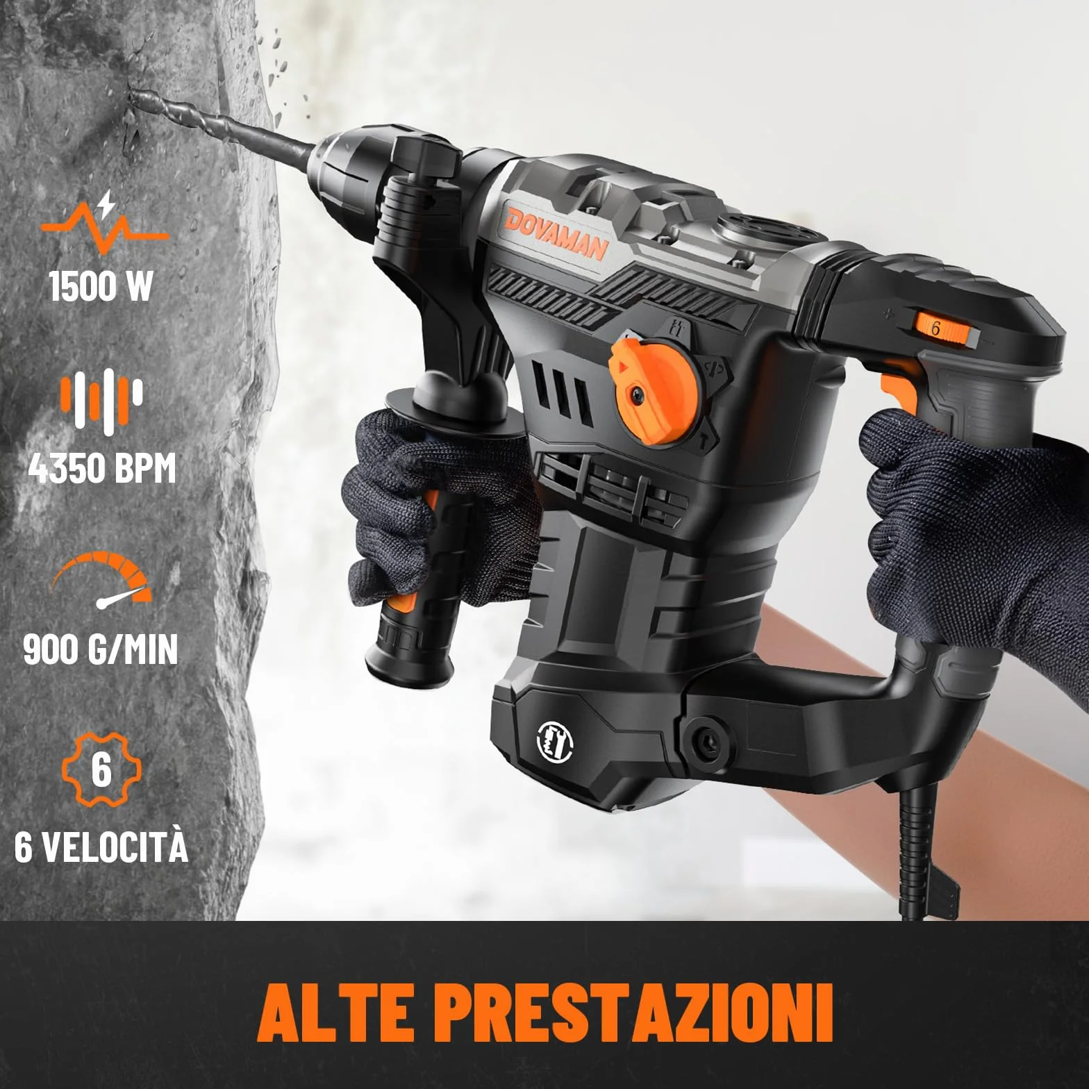 DOVAMAN RH15A Martello Perforatore SDS-Plus 1500W 4 Funzioni 4350 bpm 7J 900 giri/min Anti Vibrazioni Frizione Sicurezza
