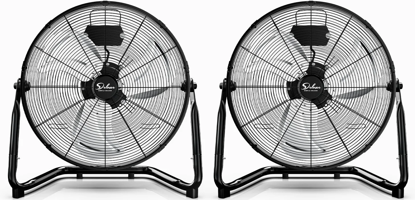 Simple Deluxe Ventilatori da pavimento industriali in metallo resistente a 3 velocità ad alta velocità, silenziosi per uso domestico, residenziale e serra, esterni/interni, neri, confezione da 2