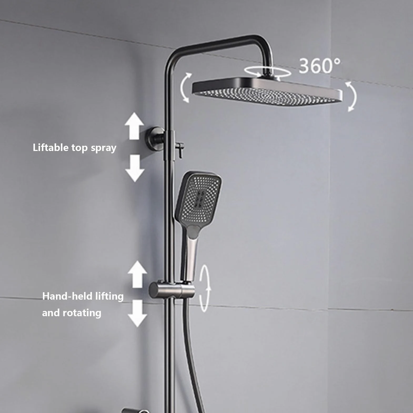 Sistema Doccia a Vista, Set di rubinetti per Bagno Grigio, soffione Regolabile in Altezza con soffione, doccetta per Vasca a Cascata e doccetta per Bidet