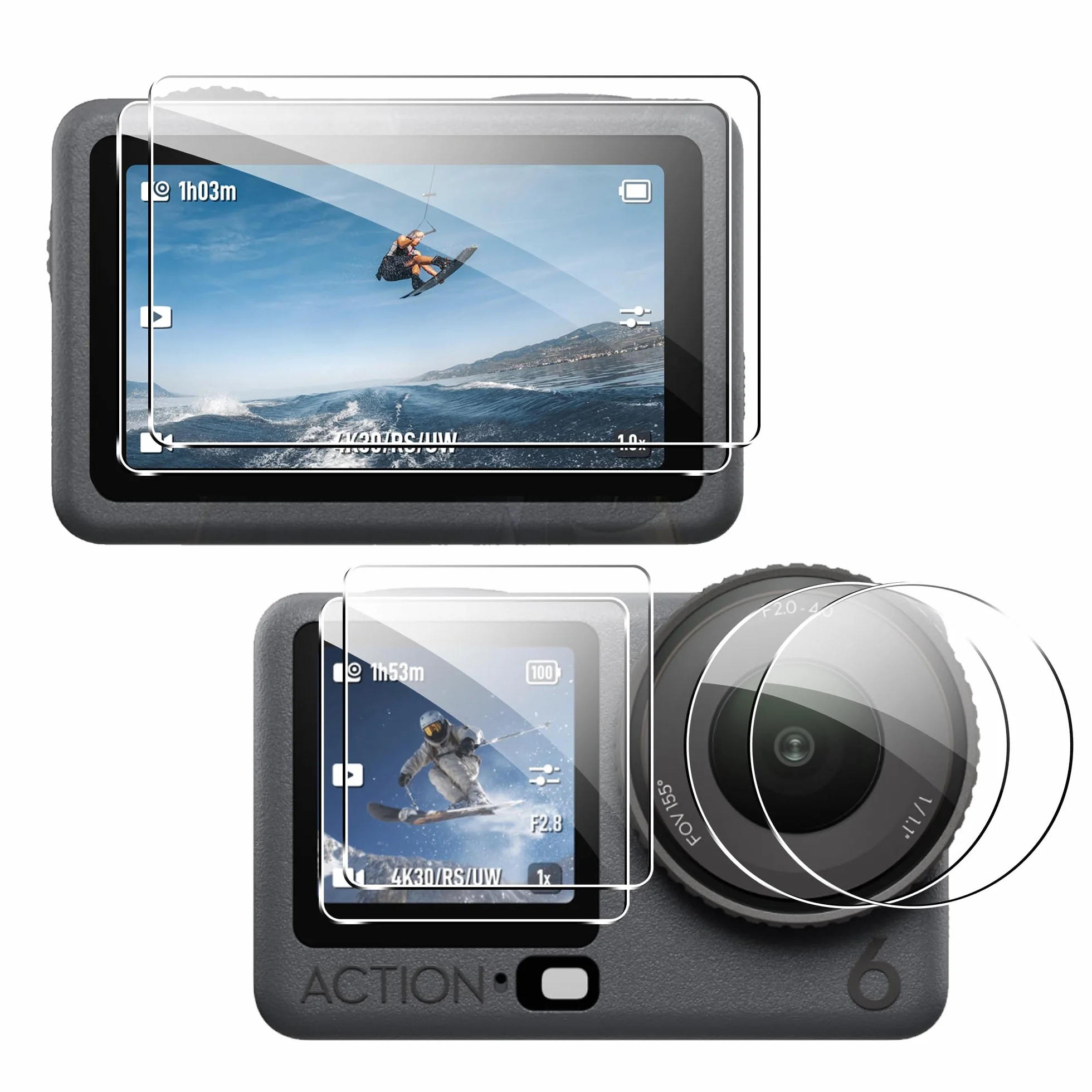 6 Pezzi Pellicola Protettiva per DJI Action 6 vetro temperato, 4 Pezzi Pellicola Protettiva con 2 Pezzi Pellicola Fotocamera, 9H Durezza, Anti Graffi