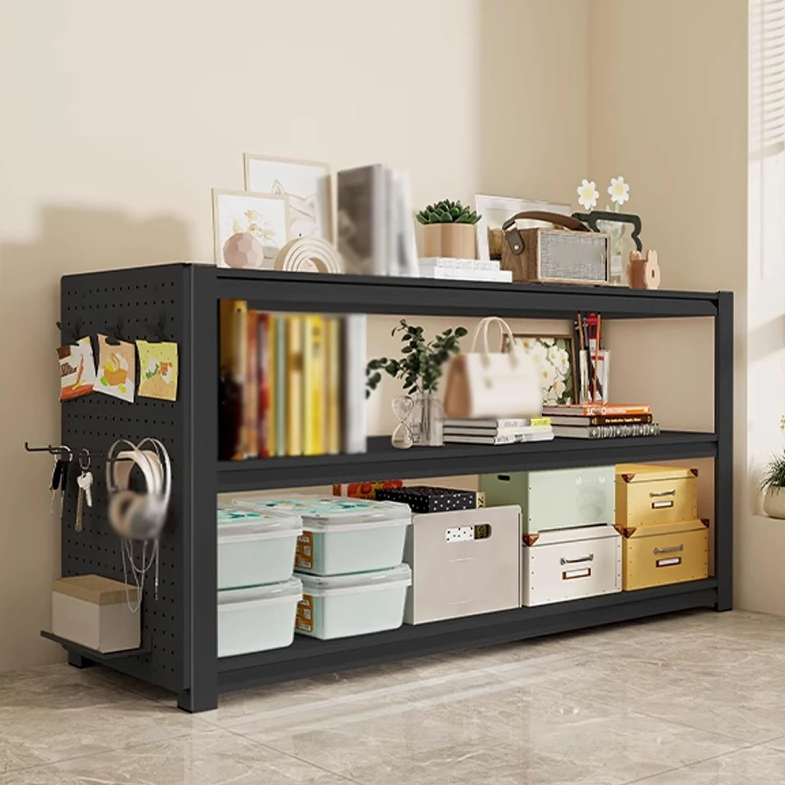 Scaffale Cucina Salvaspazio Ripiani Regolabili Elevata Capacità Di Carico, Scaffale Metallo con Pannello Forato, Scaffalatura Stile Minimalista per Soggiorno Ufficio Bagno(50x40x118cm)
