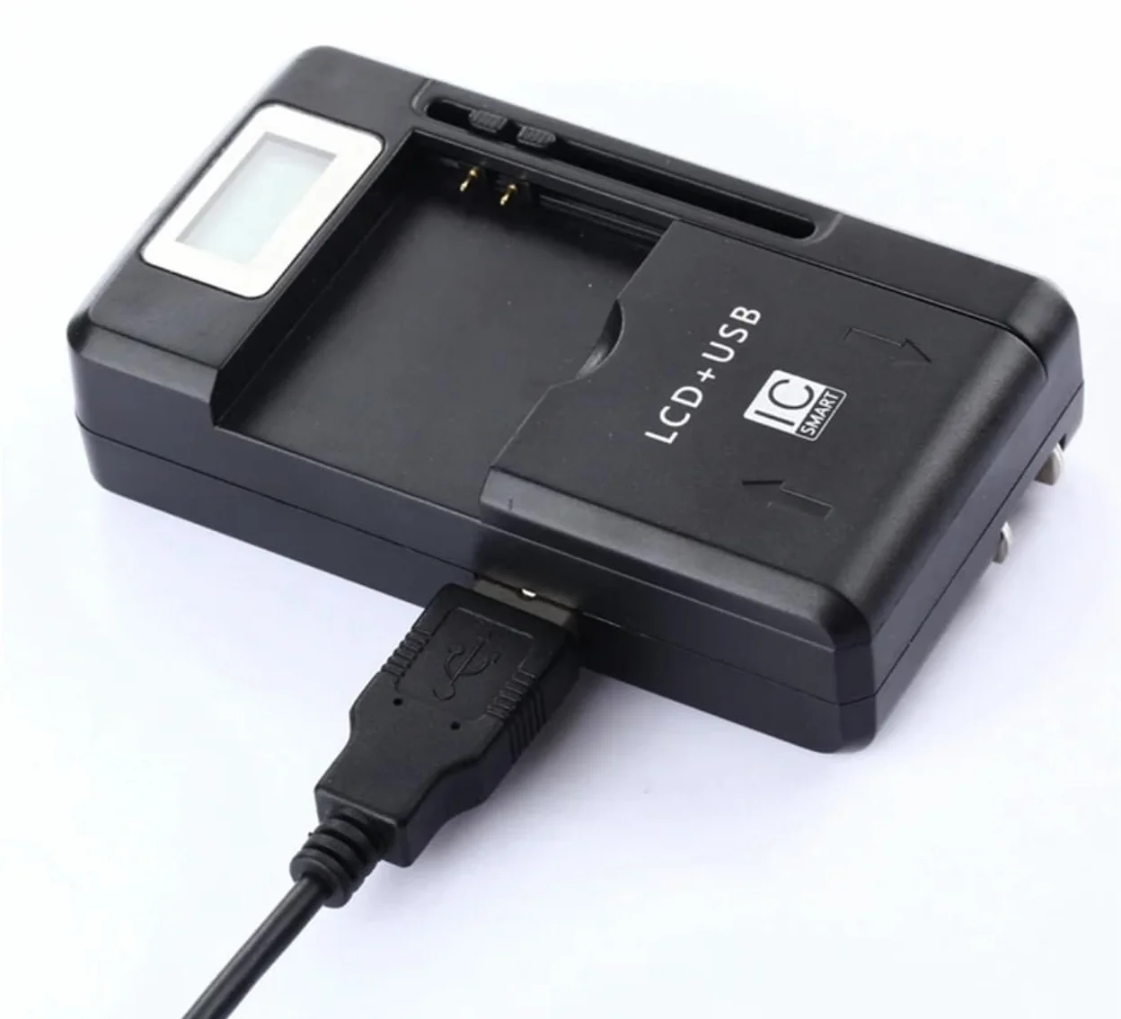 2in1 USB + CA100-240V Caricabatterie | Universale Caricabatterie per Telefono Cellulare per Batterie 32-50mm | Con Schermo LCD | Caricabatterie USB per Fotocamera DSLR Telefono Cellulare
