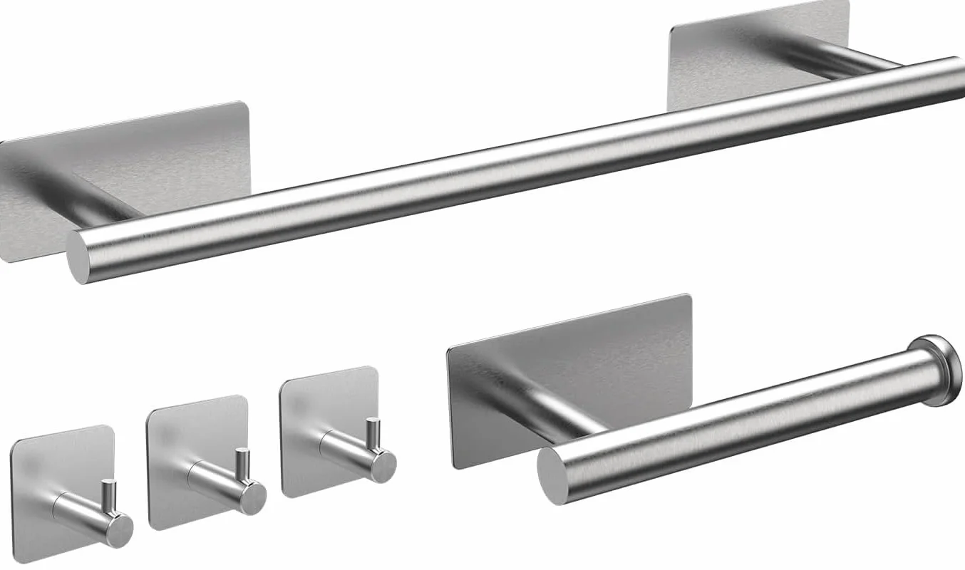 Set Porta Asciugamani da Bagno Adesivo Acciaio Inossidabile con Ganci e Porta Rotolo