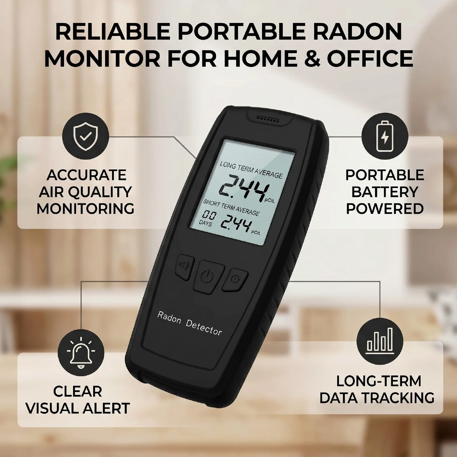 Luocute Rilevatore di Radon Portatile, Display LCD Digitale 0-270pCi L Monitor di Radon con Sensore Ionico Avanzato, Allarmi Visivi Acustici, Archiviazione Dati a Lungo Termine per