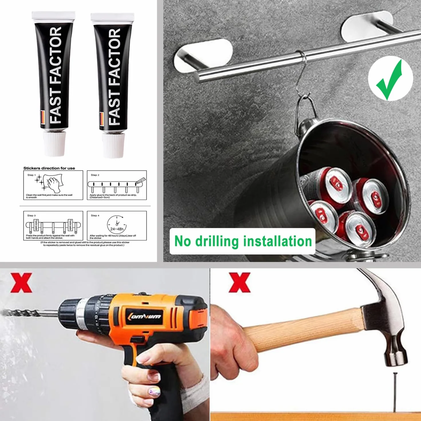 Set portasciugamani da bagno 9 pezzi argento installazione senza fori