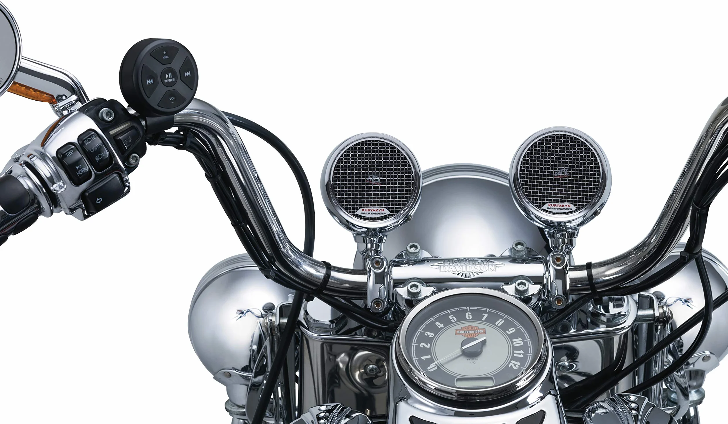 Kuryakyn 2712 MTX Road Thunder - Altoparlanti per moto, resistenti alle intemperie, da 100 Watt, con supporto per manubrio e controller audio Bluetooth, cromati