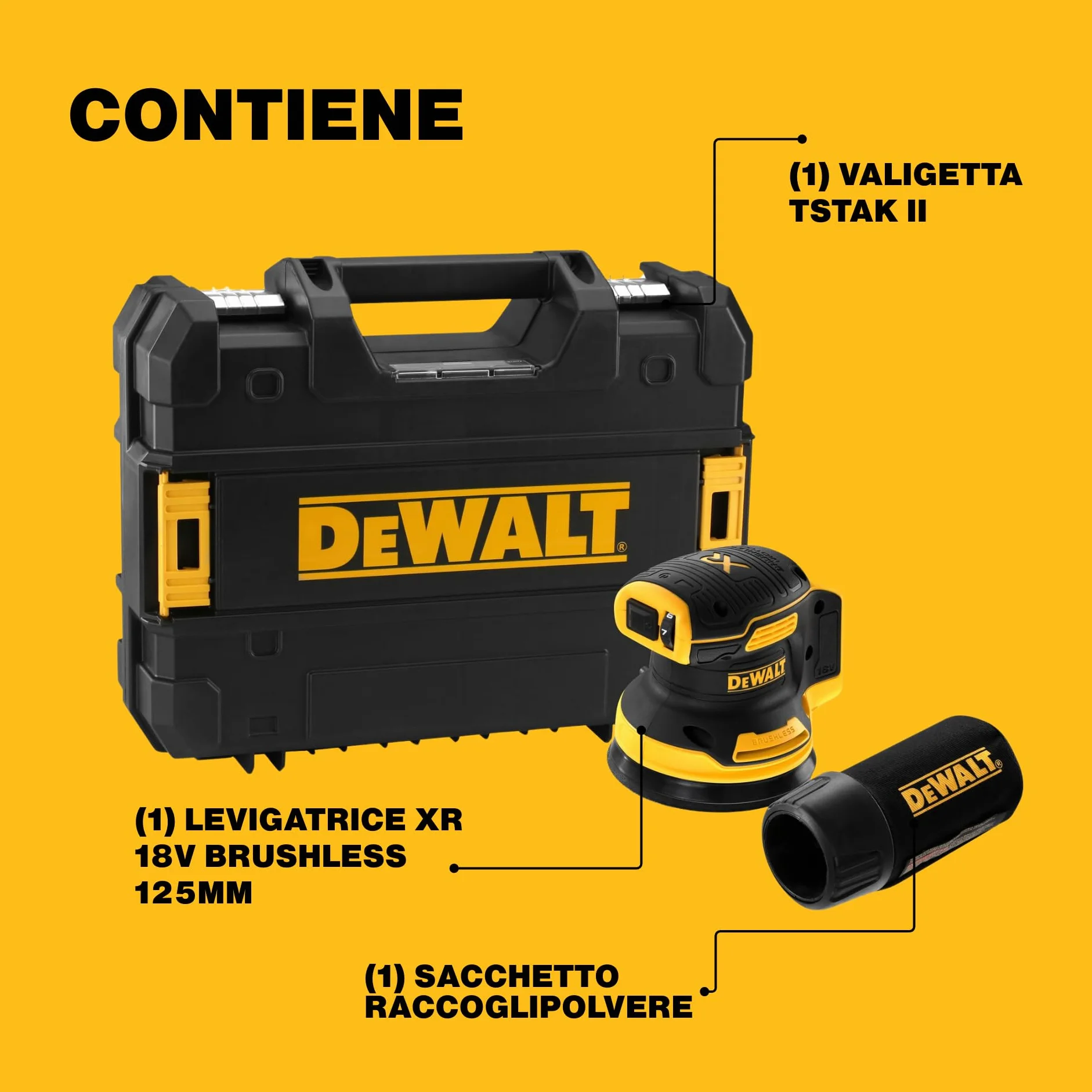 DEWALT Levigatrice Rotorbitale Brushless 18V XR, Platina 125mm, Regolazione Velocità, Impugnatura Ergonomica, Hook & Loop, Basse Vibrazioni, Interruttore Sigillato, Solo Corpo – DCW210NT-XJ