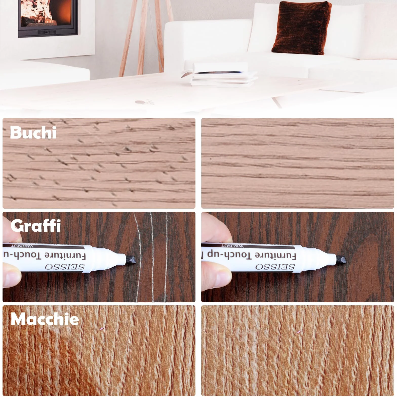 Kit di Riparazione Mobili in Legno - Set di 42 stucchi, Pennarelli e Bastoncini di Cera per la Riparazione di Mobili - Utilizzato per Coprire Graffi, Macchie, Tavoli, Scrivanie