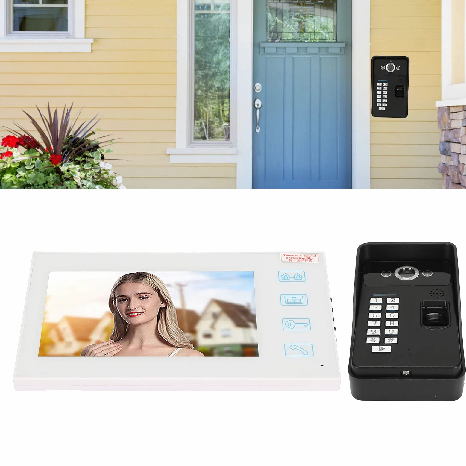 Sistema Videocitofono da 7 Pollici, Videocitofono Campanello Video HD LCD Vivavoce Monitor Videocitofono, Monitor Password Identificazione Impronte Digitali TFT Cablato con Visione Notturna per la(#1)