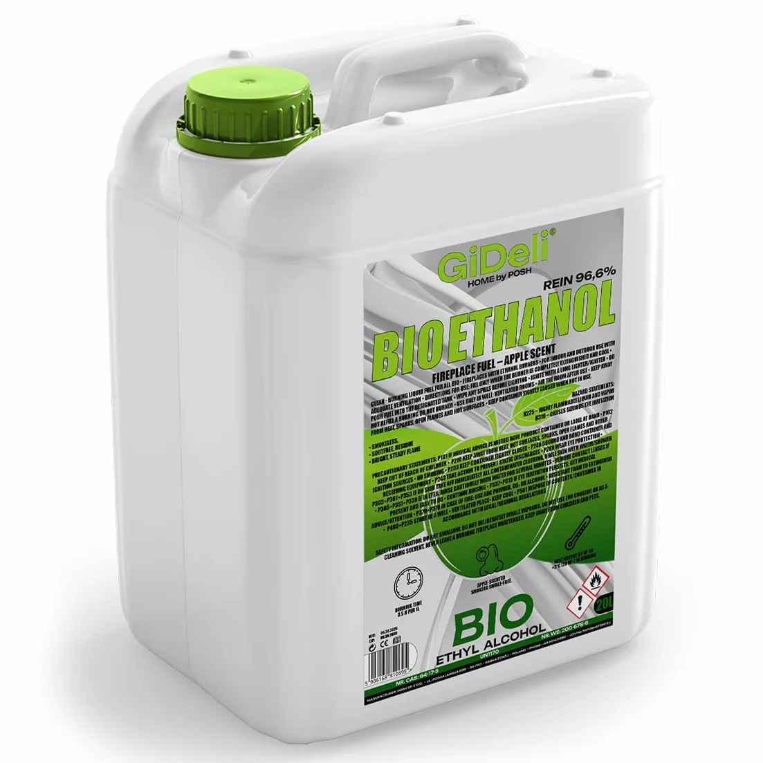 GiDeli Bioetanolo, profumo di mela, 20 l, 96,6% etanolo, per camini interni ed esterni, senza fumo e fuliggine, da mais e barbabietola da zucchero
