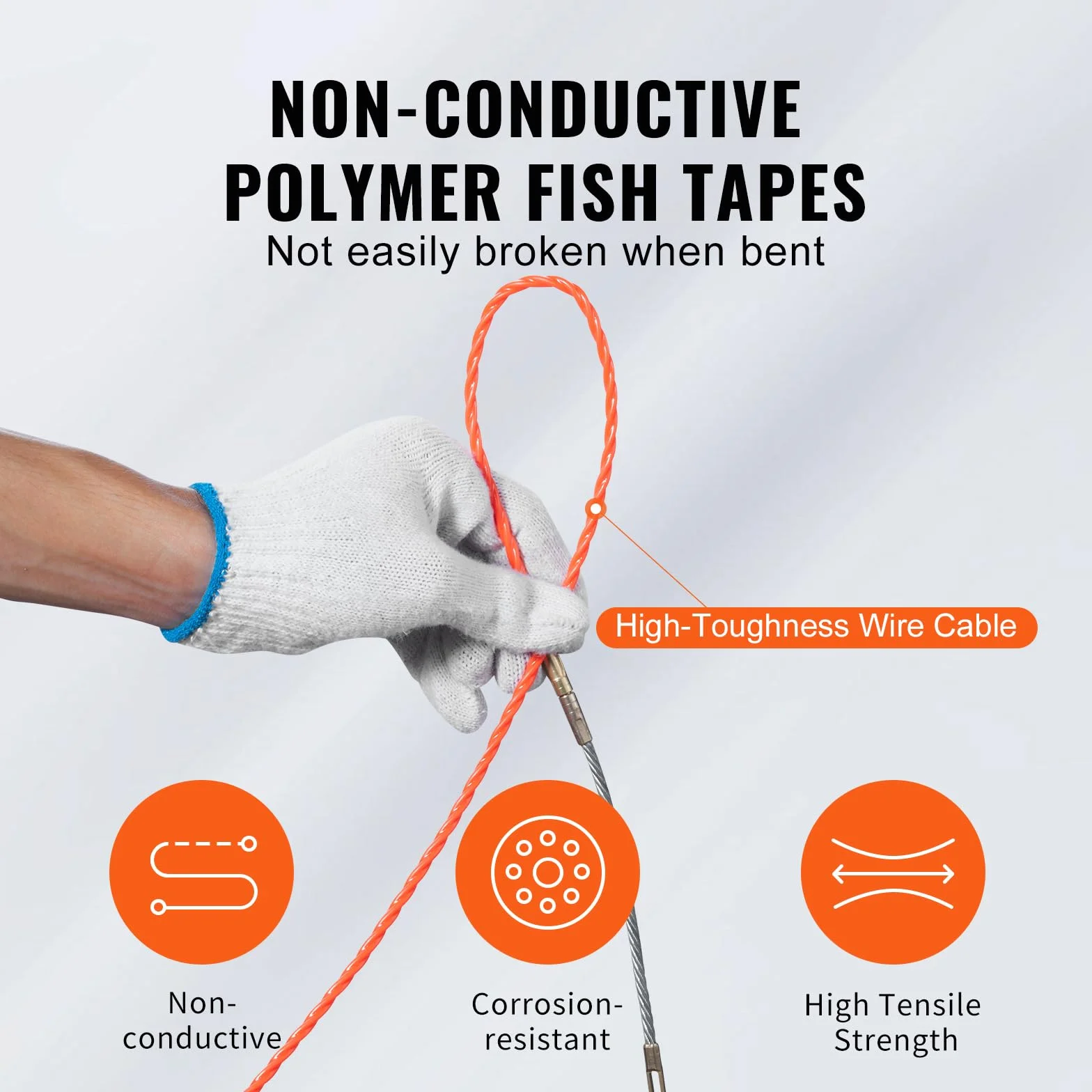 VEVOR Ago da Elettricista 38,1m Estrattore per Cavo Elettrico Estrattore per Cavo Flessibile da 4,5 mm con Custodia in Plastica Guanti con Manico Resistente da Parete Condotti Elettrici Non Conduttivi