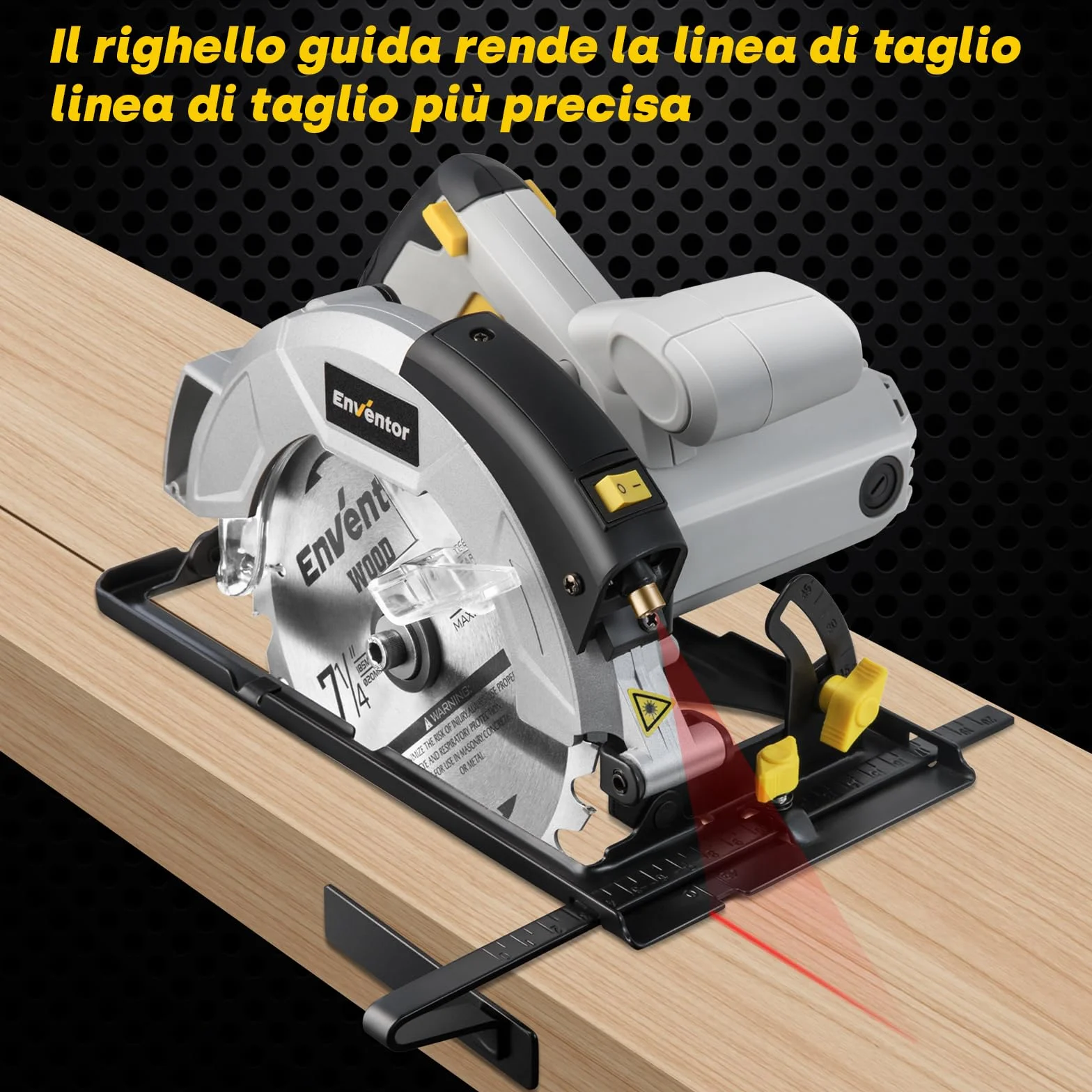 Enventor Sega Circolare 1200W con Guida Laser, per Legno, 2 Lama da 185mm (24T&40T), 5800RPM,Taglio Massima:62mm (90°) e 42mm (45°),Motore Di Rame Puro,Inclusa Guida di Rip