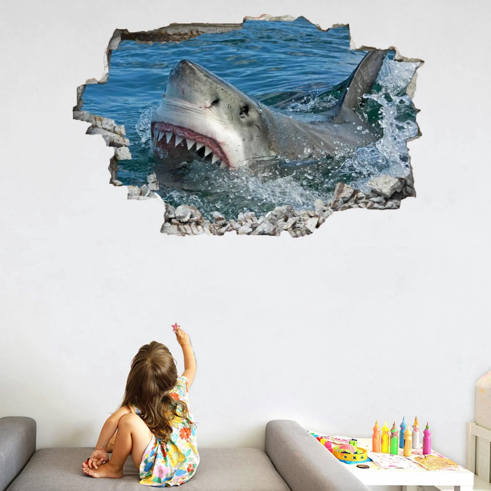 Squalo Decalcomanie Da Muro Art 3D Fracassato Animale Adesivi Murali Removibili Carta Da Parati Camera Da Letto Autoadesivo Per Ragazze Camera Da Letto Nursery Home Decor Gift 75x113cm