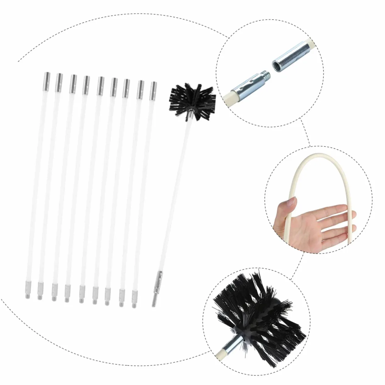 Spazzola per Pulizia Stufa e Condotto Flessibile Bianco | Aste Pieghevoli in Ferro Zincato, Struttura in Nylon, per Parete Interna di Dryer e Flue