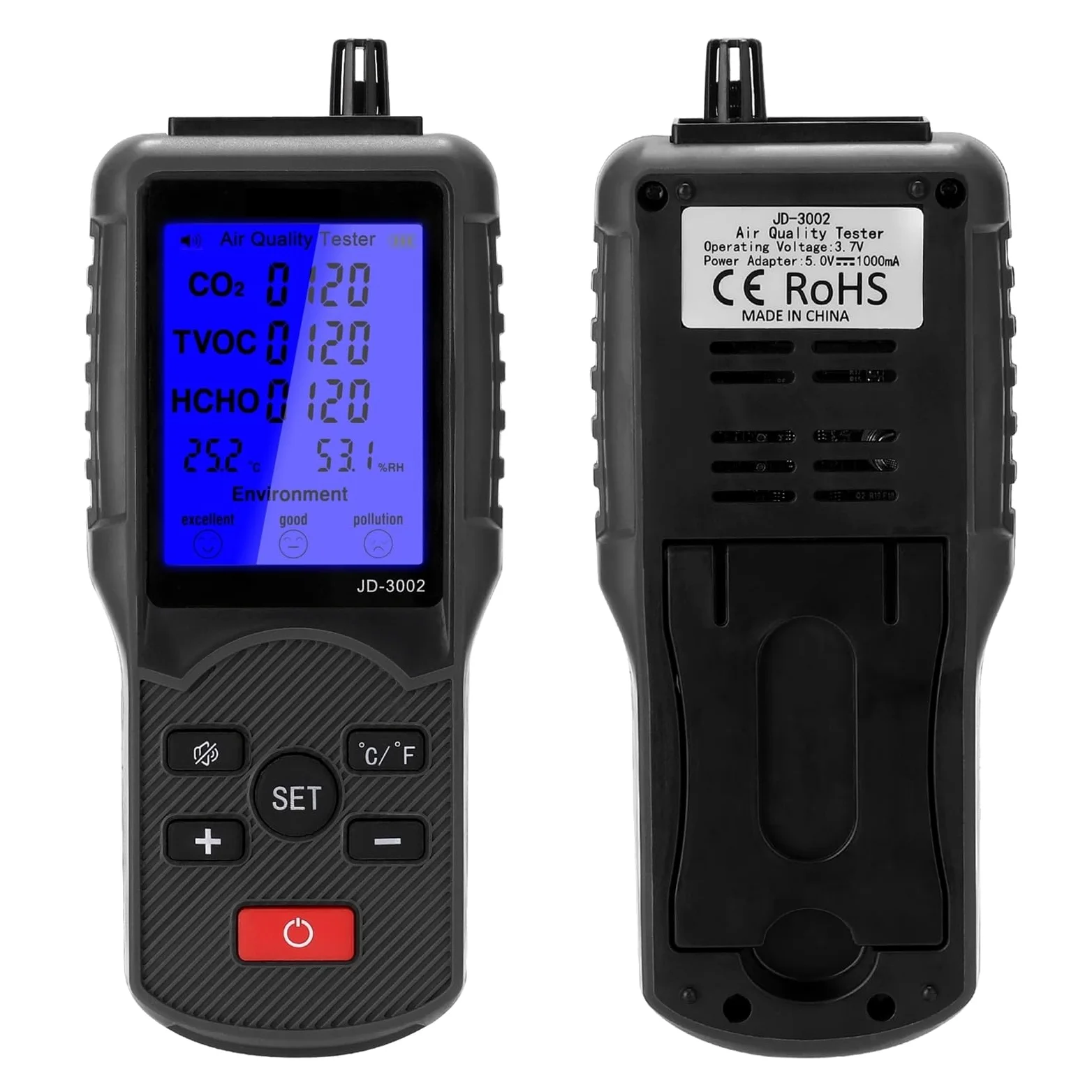 Misuratore Qualità dell'aria, Misuratore di CO2 8 in 1 Tester multifunzionale a qualità 'aria Misuratore di CO2 TVOC Dispositivo di misurazione 'umidità a temperatura Misuratore di CO2 Rilevatore di C