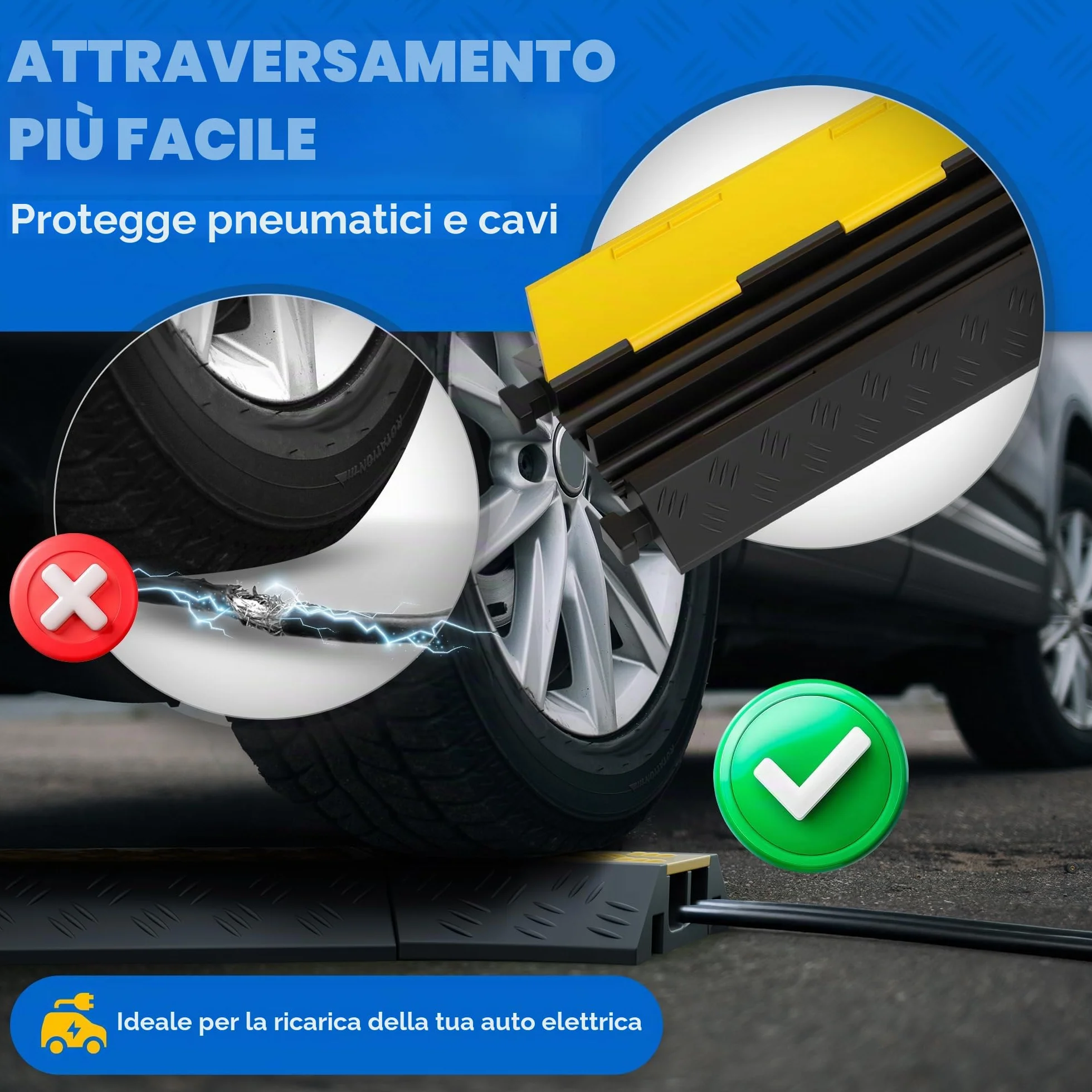 Ponte cavo 2 canali con coperchio, protezione urti 20 t, gomma 100 x 25 x 5 cm