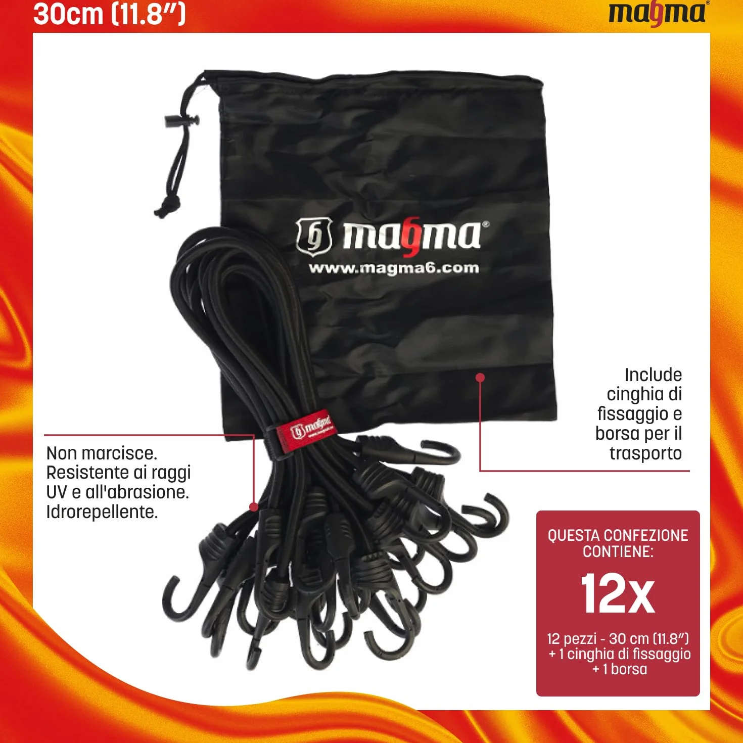 MAGMA Set da 12 Corde Elastiche | Cavi Extra Forti con Ganci | Cavi Elastici di Fissaggio Per Auto per Assicurare Portapacchi e Teloni | Per Campeggio, Uso Militare, Attività all’Aperto (30cm, Nere)